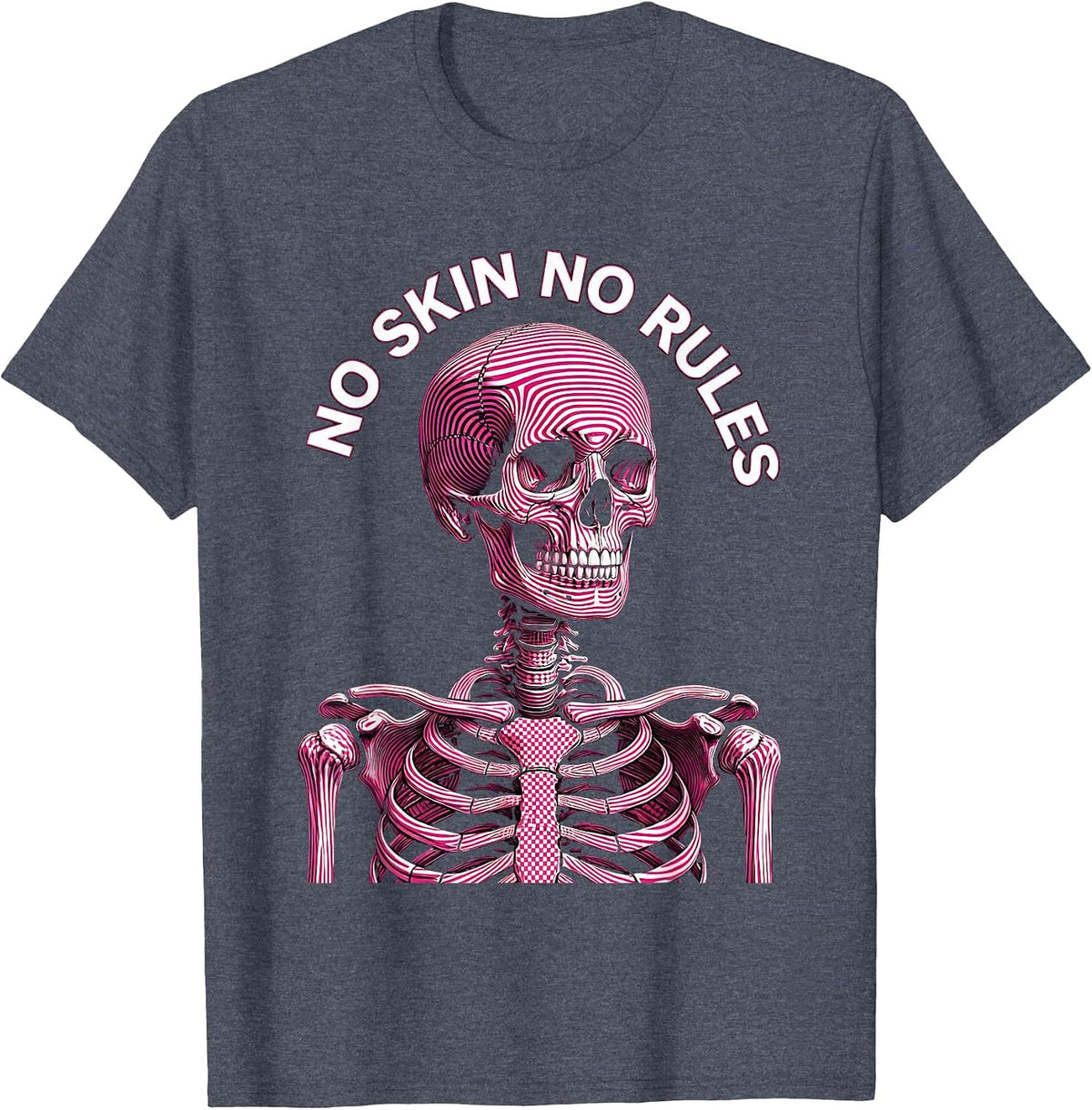 Skeleton No Skin No Rules Bold Graphic Design T-Shirt - Heather Blue