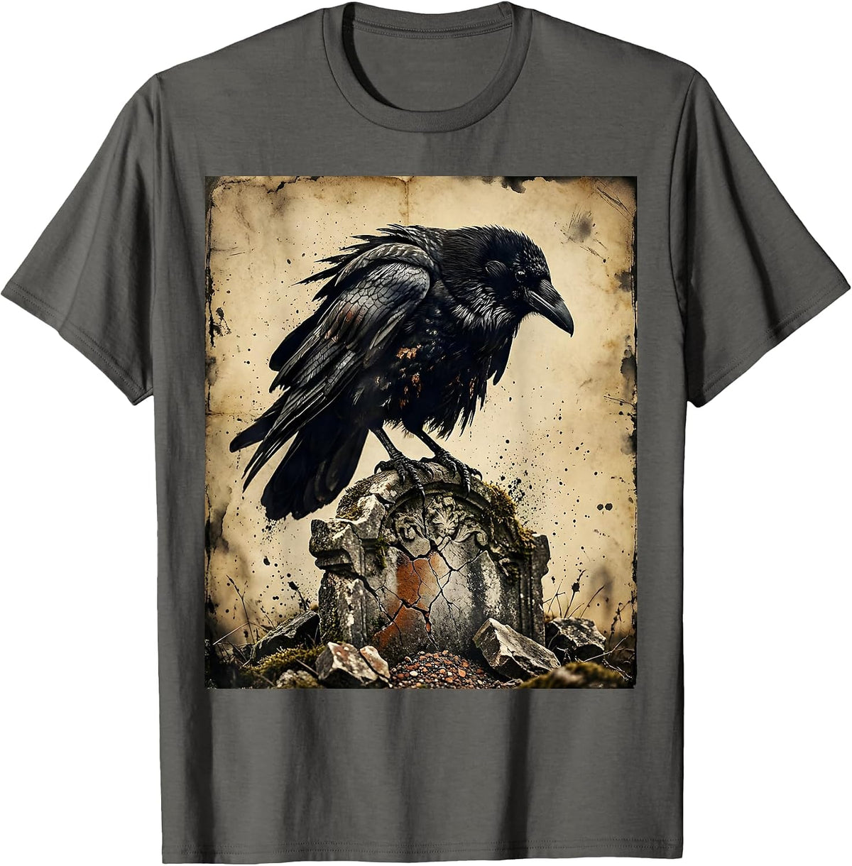 Men's Hooded Crow on Crumbling Gravestone Gothic Art T-Shirt - Asphalt Grey