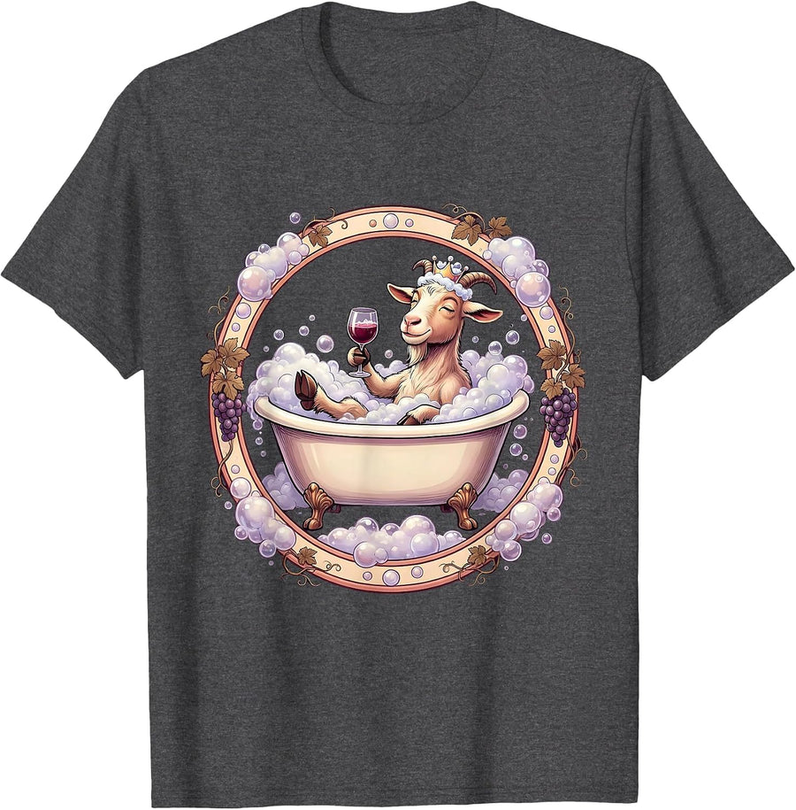 Men's Goat In Bath Bubbles Drinking Wine Funny T-Shirt - Dark Heather Grey