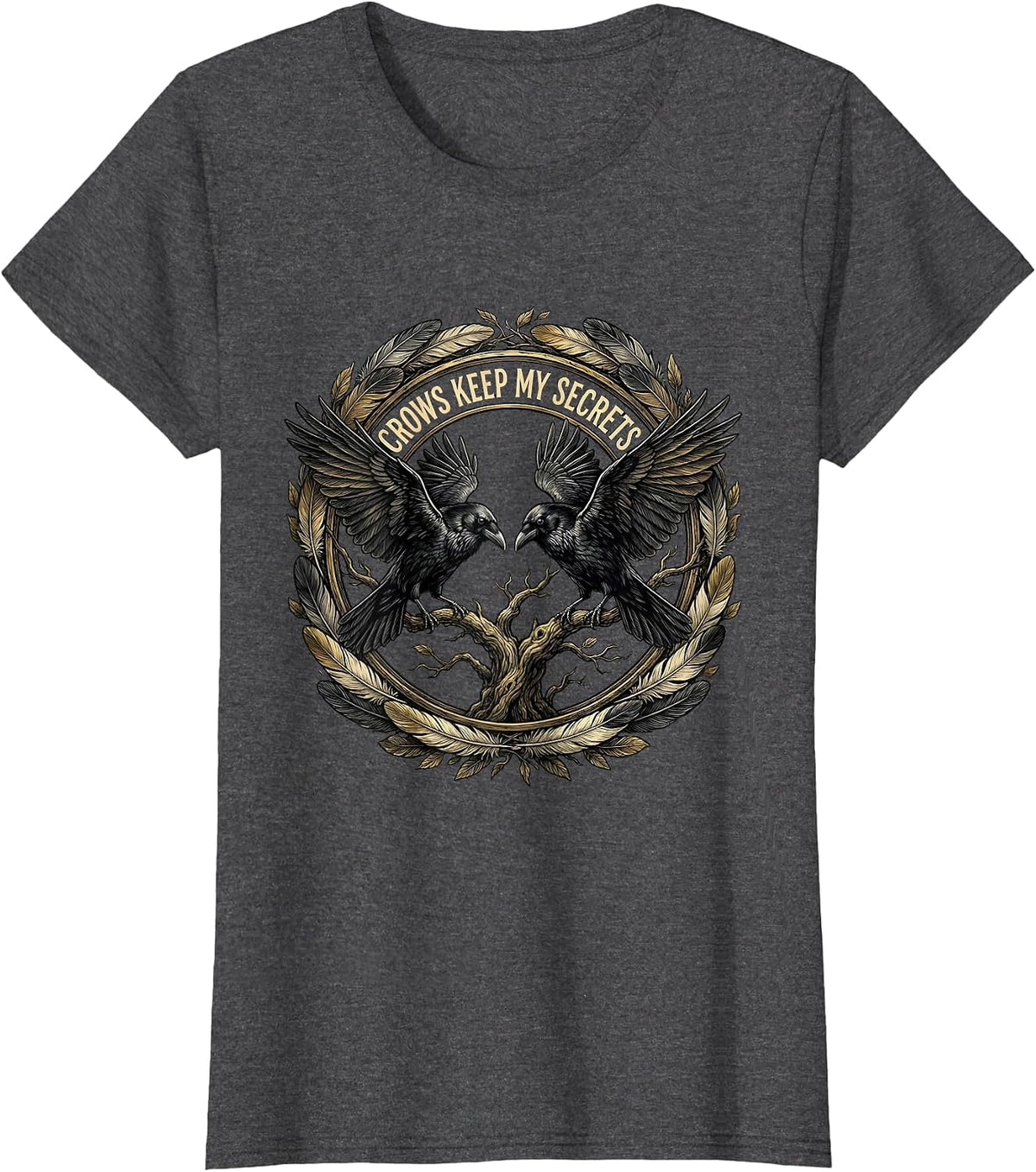 Women's Crows Keep My Secrets Mystic Bird Design T-Shirt - Dark Heather Grey