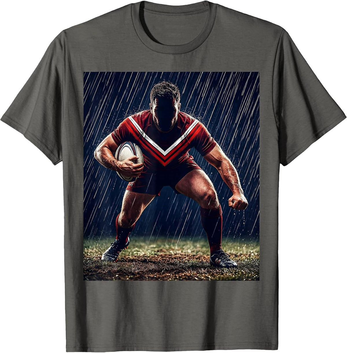 Rugby Flanker Charging Through Rain Illustration T-Shirt - Asphalt Grey