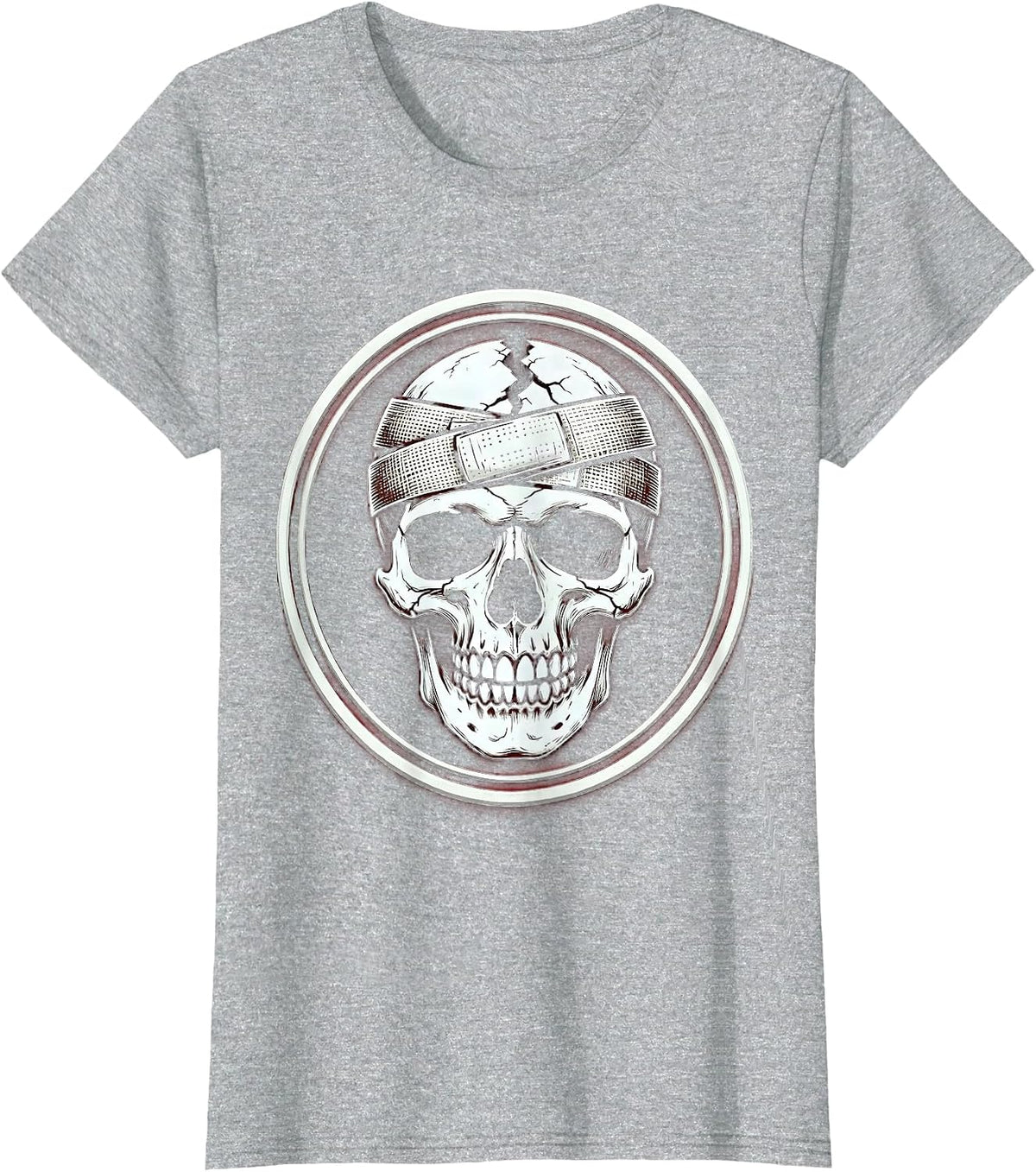 Cracked Skull Bandage Smile Graphic Design T-Shirt - Heather Grey