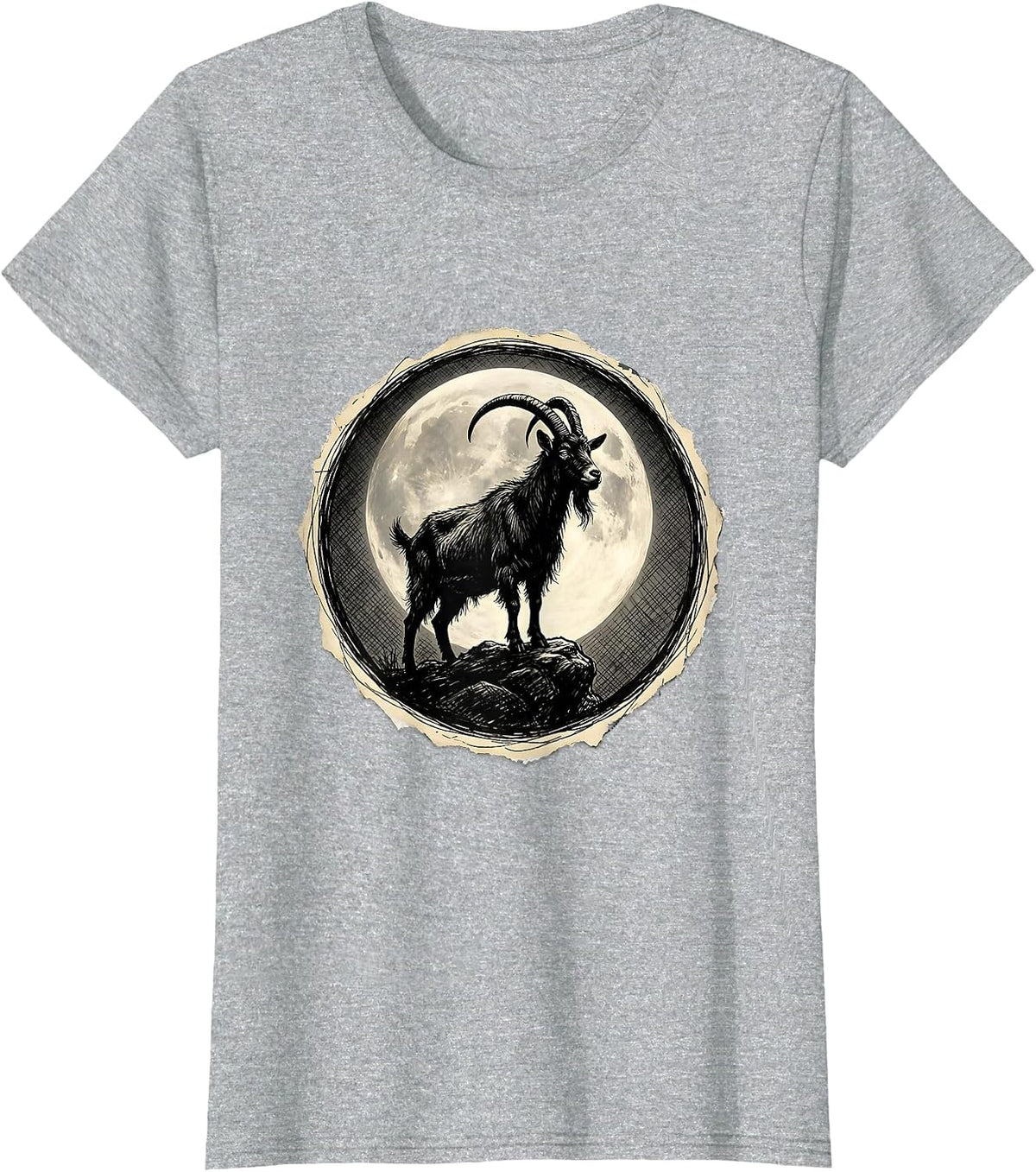 Women's Goat Silhouette Full Moon Night Sky Design T-Shirt - Heather Grey