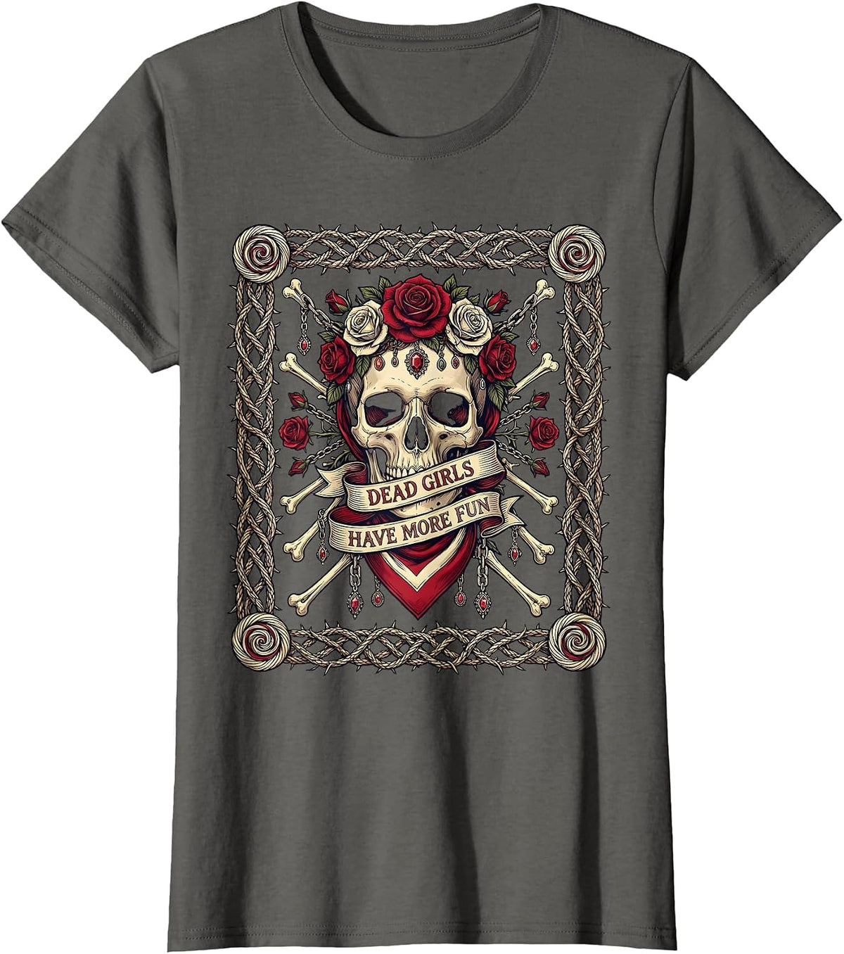 Women's Dead Girls Have More Fun Skeleton Design T-Shirt - Asphalt Grey