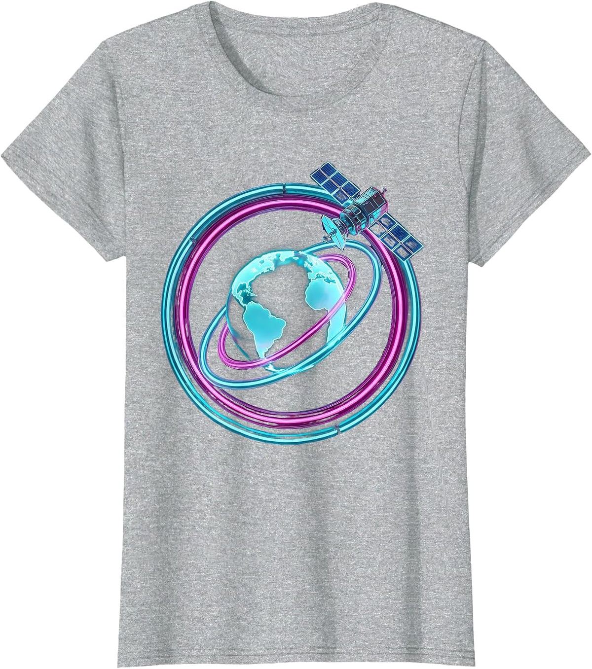 Y2K Satellite Orbit Earth Retro Space Graphic T-Shirt - Heather Grey