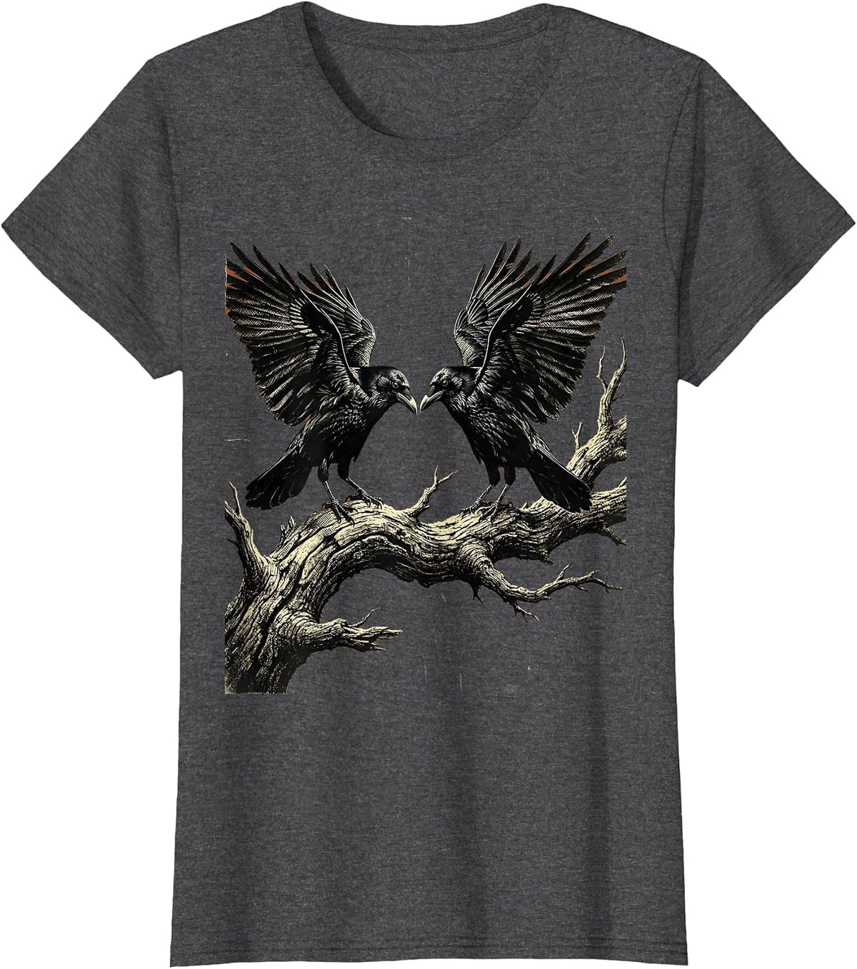 Women's Two Crows on Dead Branch Standoff Illustration T-Shirt - Dark Heather Grey