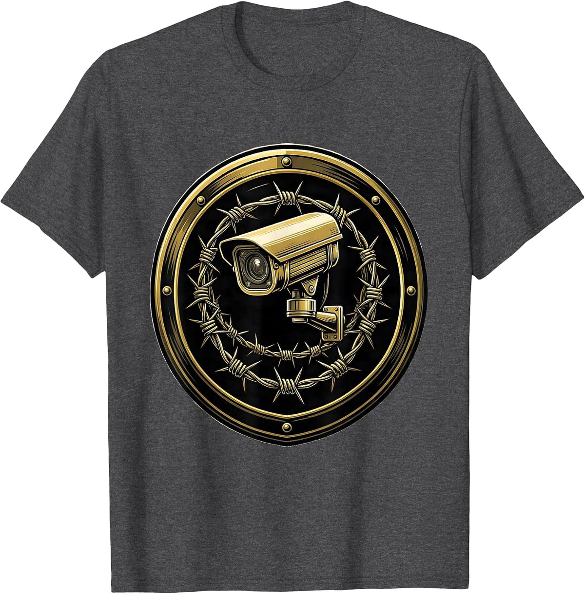 Surveillance Camera Barbed Wire Security Graphic T-Shirt - Dark Heather Grey