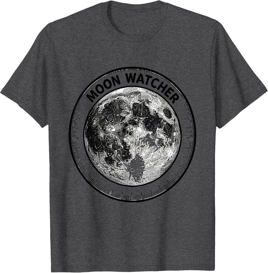 Men's Moon Watcher Line Art Celestial Astrology Moon Phase T-Shirt - Dark Heather Grey