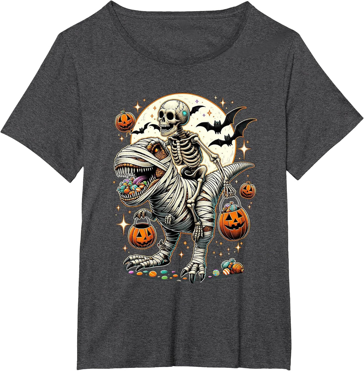 Skeleton Riding Mummy Dinosaur T Rex Kids Boys Men Halloween T-Shirt - Dark Heather Grey