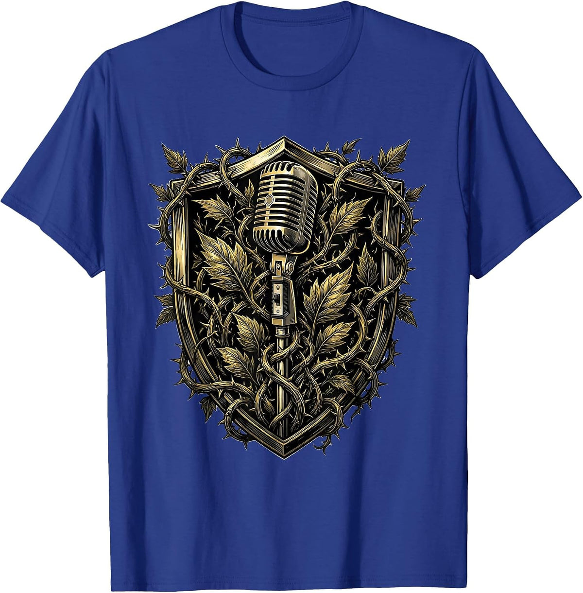 90s Rock Microphone Vines Dark Botanical Design T-Shirt - Royal Blue