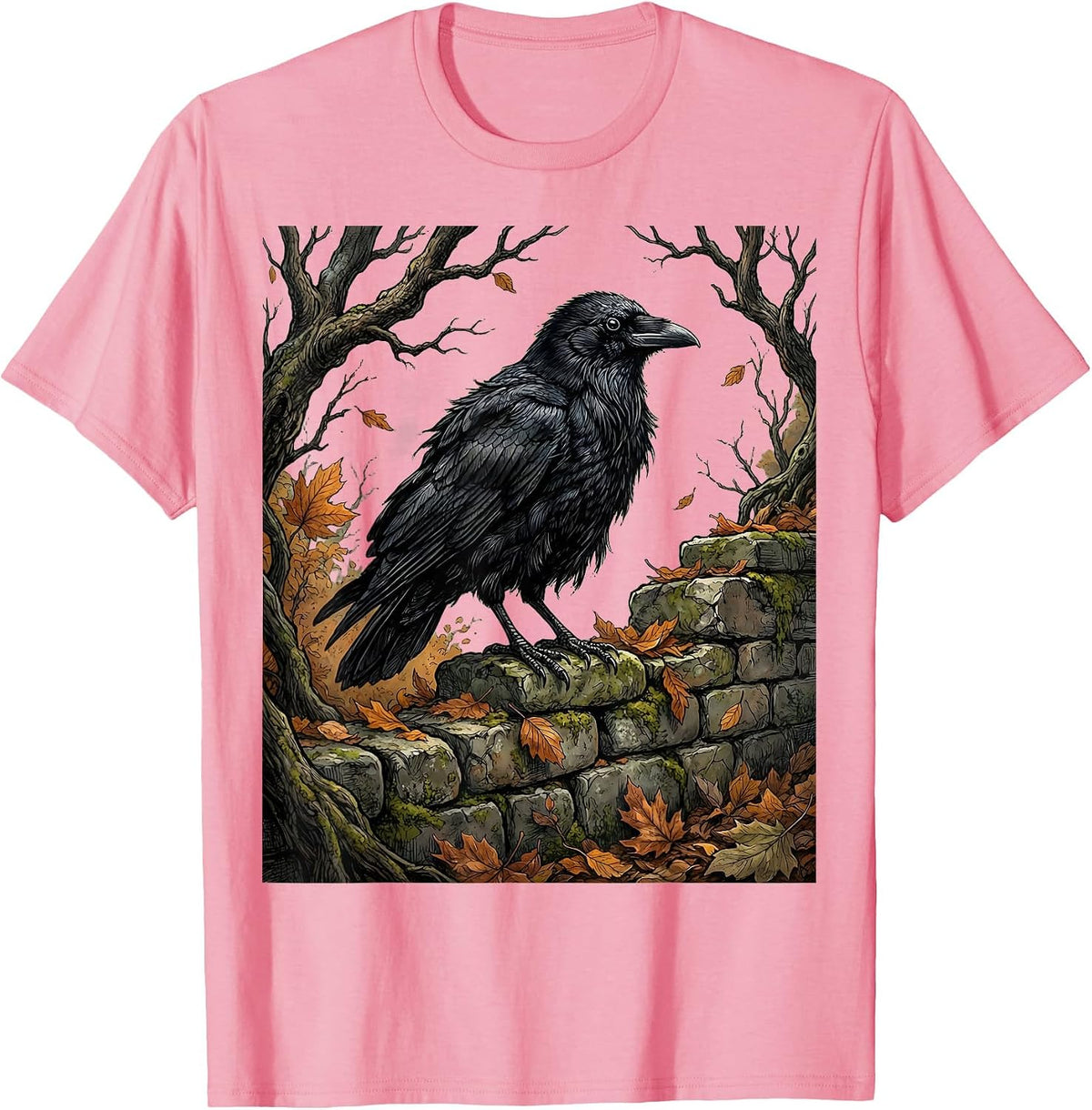 Men's Crow on Crumbling Stone Wall Fall Gothic Art T-Shirt - Pink
