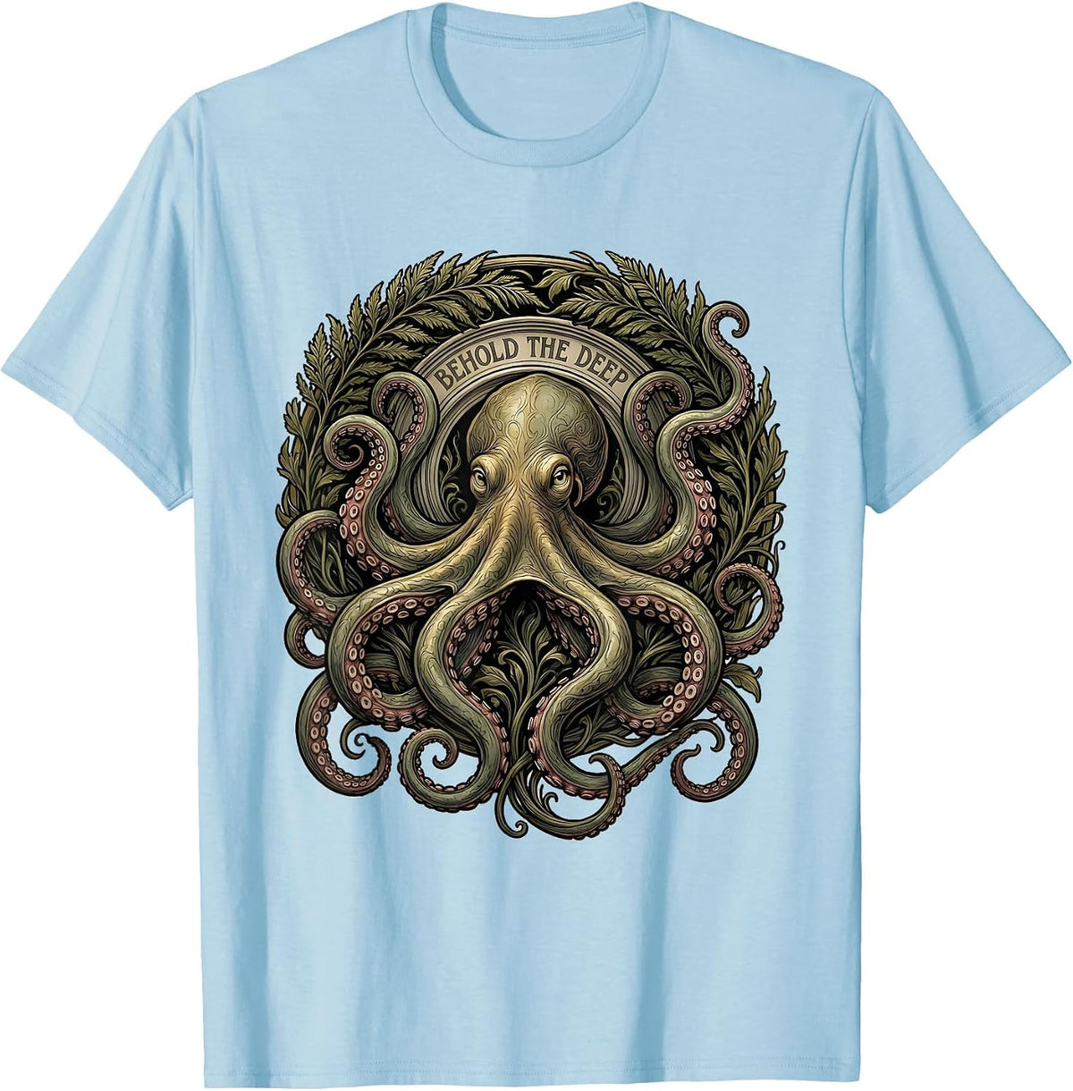 Men's Behold The Deep Art Nouveau Octopus Ocean Creature Lover T-Shirt - Baby Blue