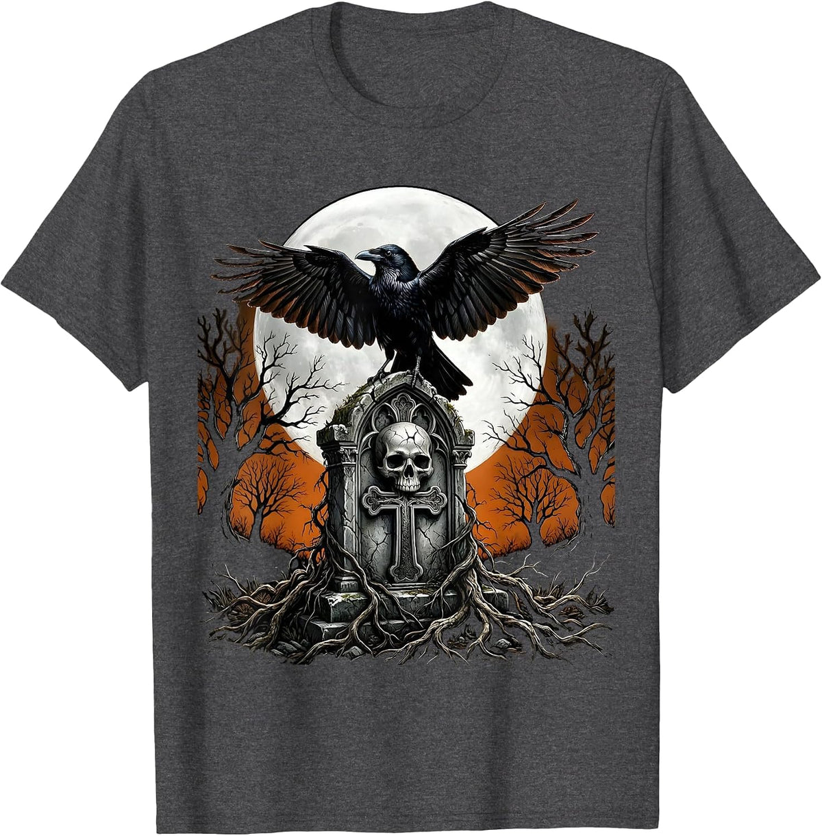 Men's Gothic Crow on Gravestone Halloween Design T-Shirt - Dark Heather Grey