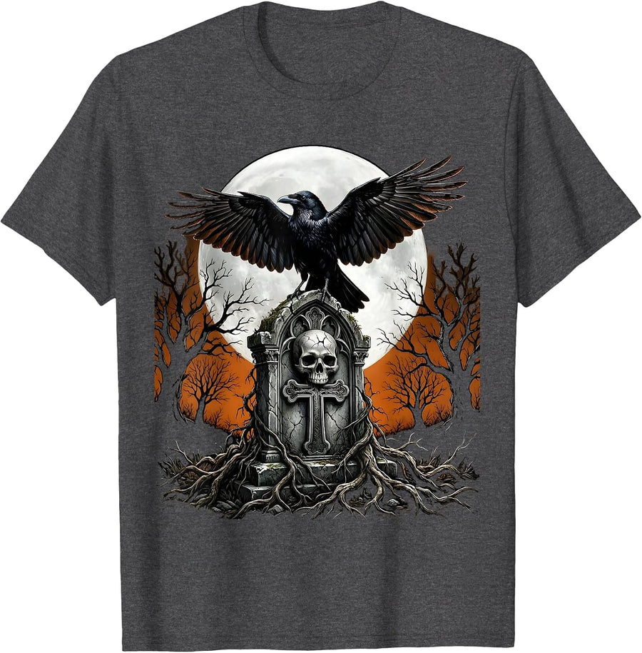 Men's Gothic Crow on Gravestone Halloween Design T-Shirt - Dark Heather Grey