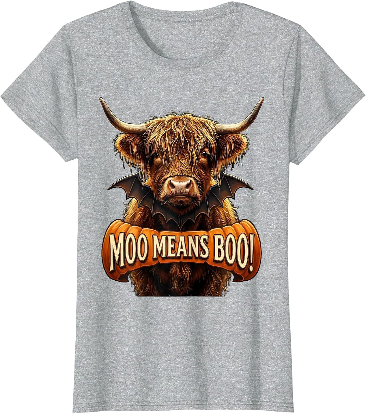 Women's Moo Means Boo! Whimsical Highland Cow Fall Halloween Humor T-Shirt - Heather Grey