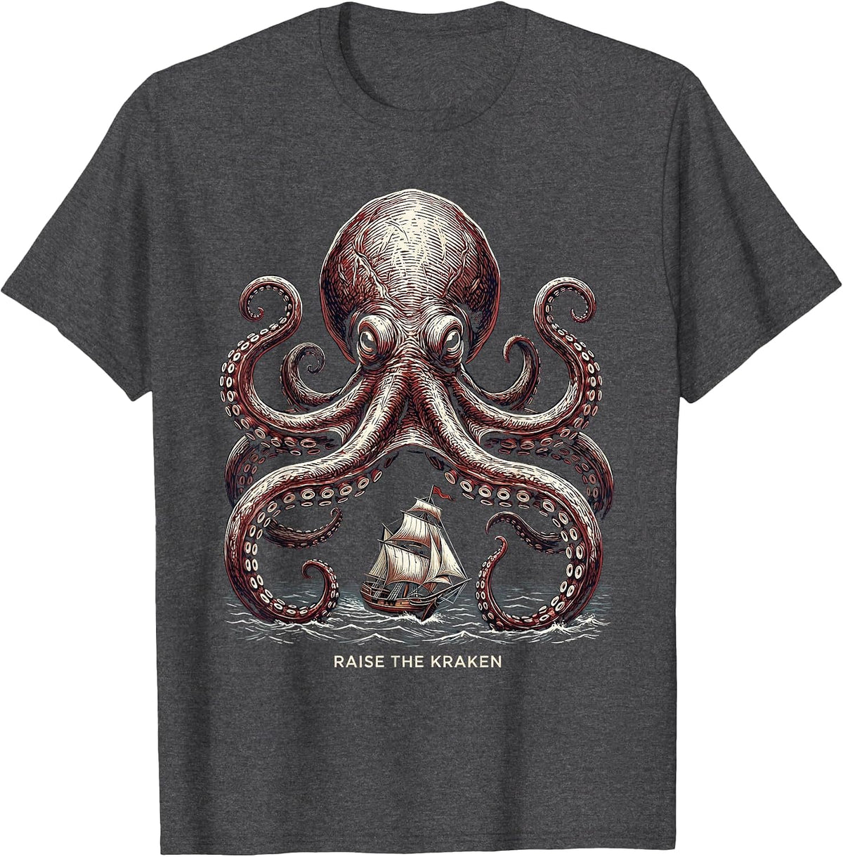 Raise The Kraken Woodcut Engraving Octopus Lover Marine T-Shirt - Dark Heather Grey