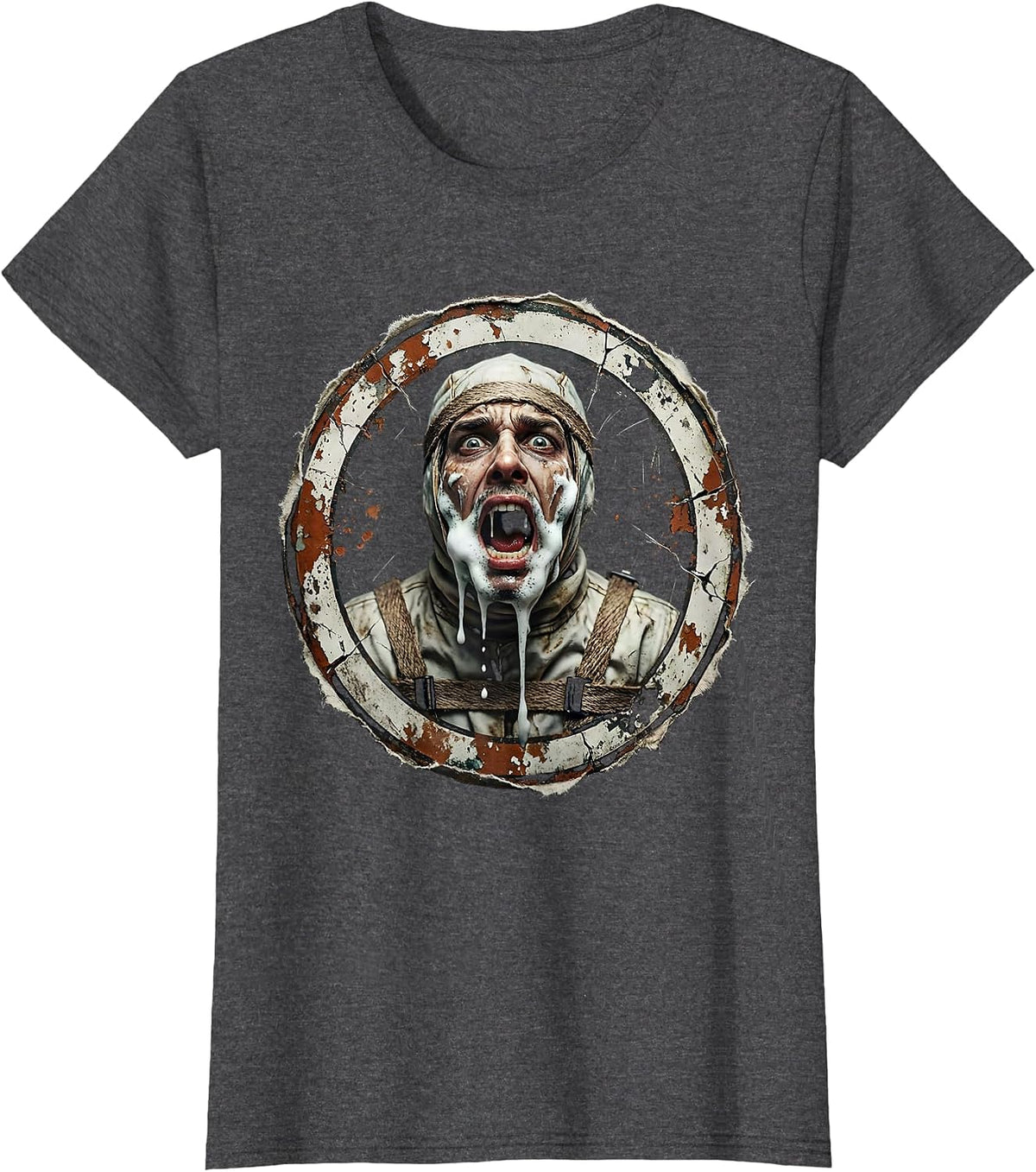 Women's Rabies Frothing Straitjacket Humor Graphic T-Shirt - Dark Heather Grey