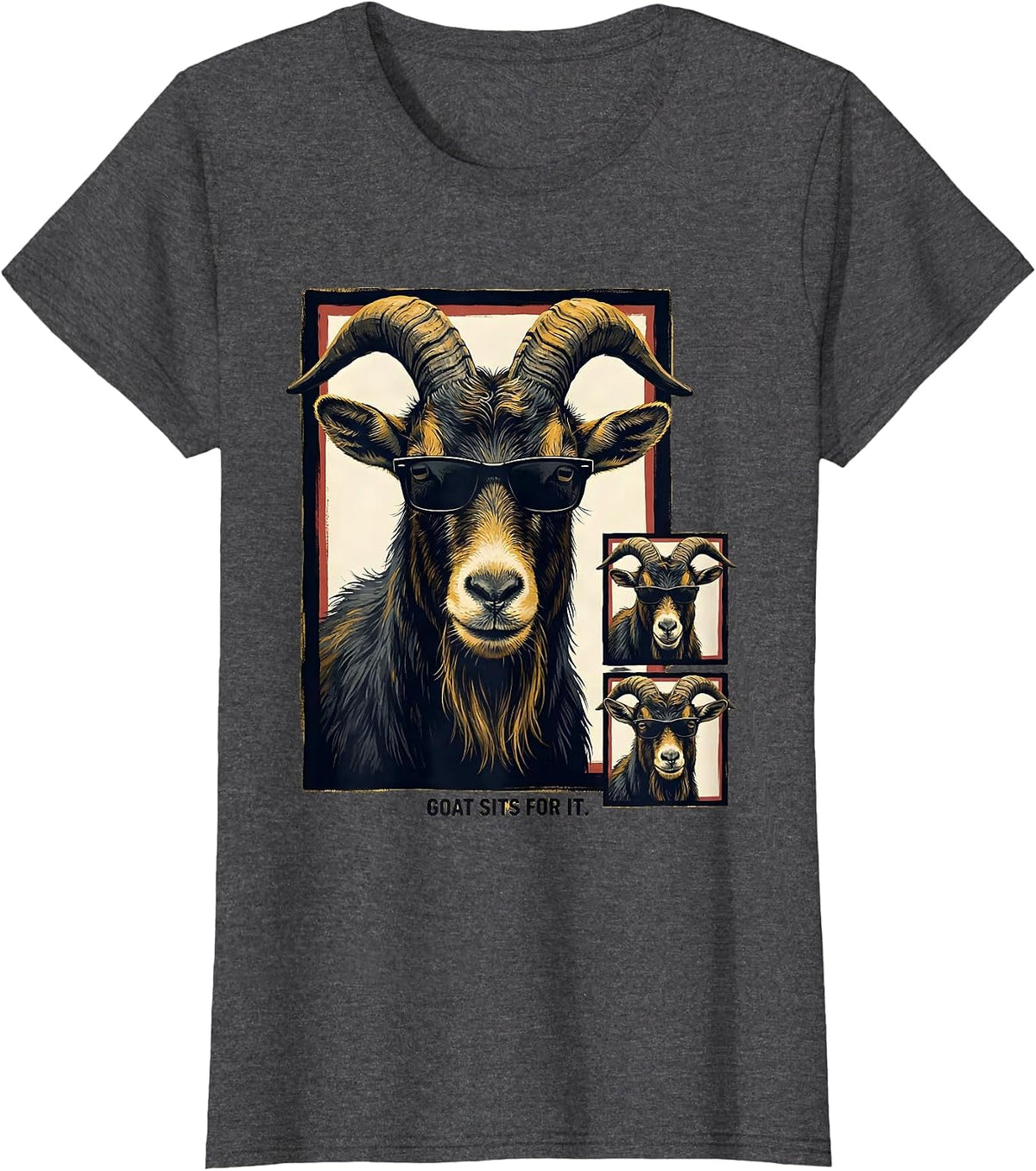 Women's Goat Sits For It Funny Farm Animal Portrait Photobooth T-Shirt - Dark Heather Grey