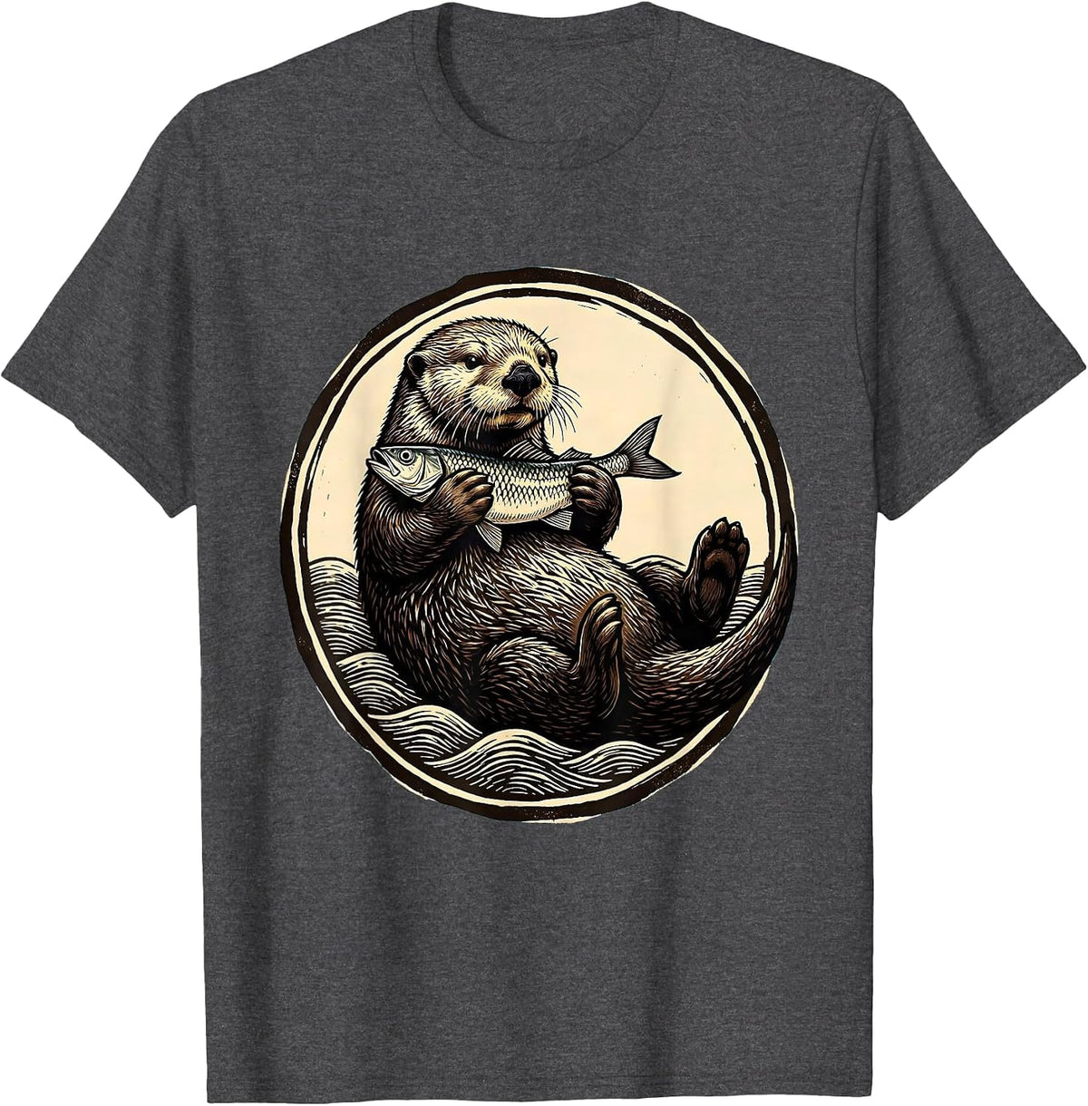 Men's Otter Floating on Back Holding Fish Illustration T-Shirt - Dark Heather Grey
