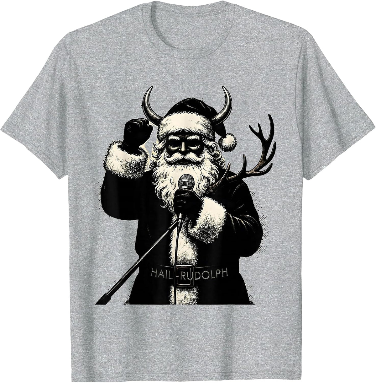 Men's Hail Rudolph Blackwork Dotwork Heavy Metal Santa Parody T-Shirt - Heather Grey
