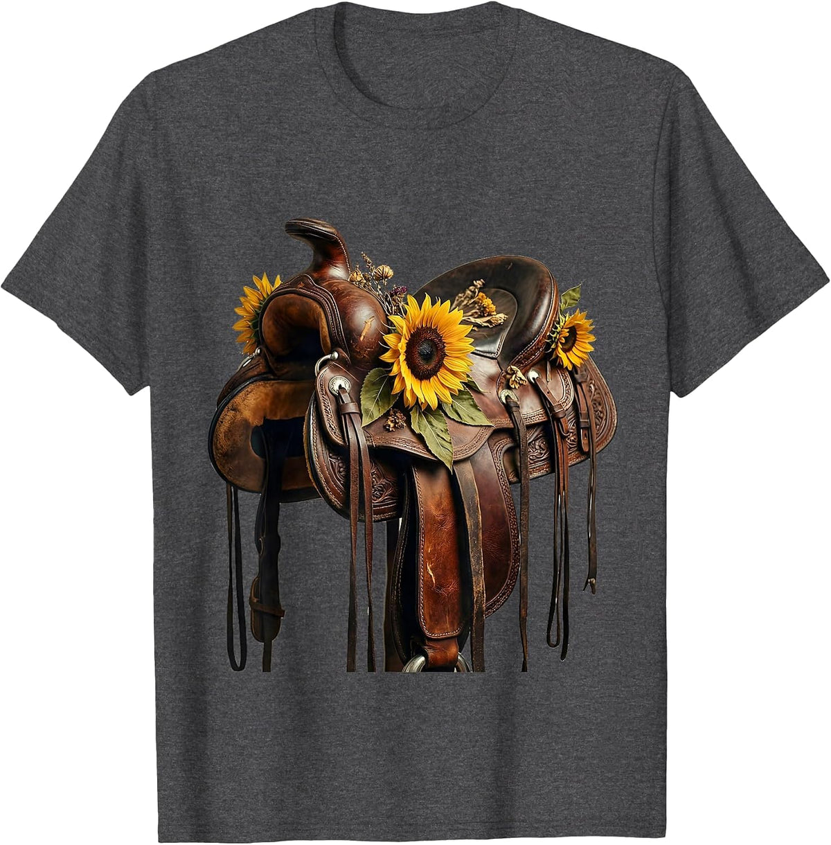 Men's Sunflower Saddle Cowgirl Western Floral Illustration T-Shirt - Dark Heather Grey