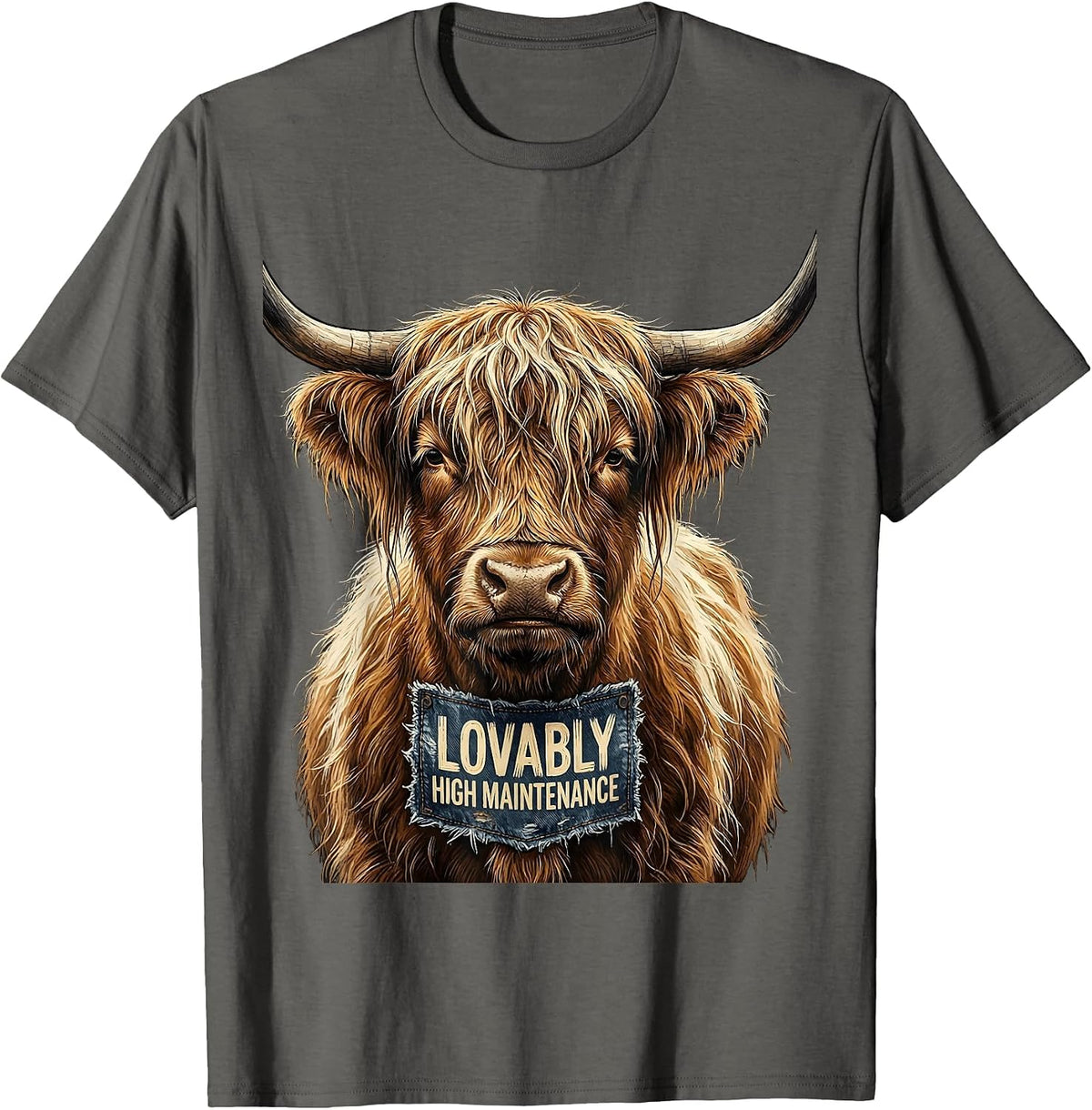 Men's Lovably High Maintenance Funny Highland Cow Novelty Humor T-Shirt - Asphalt Grey