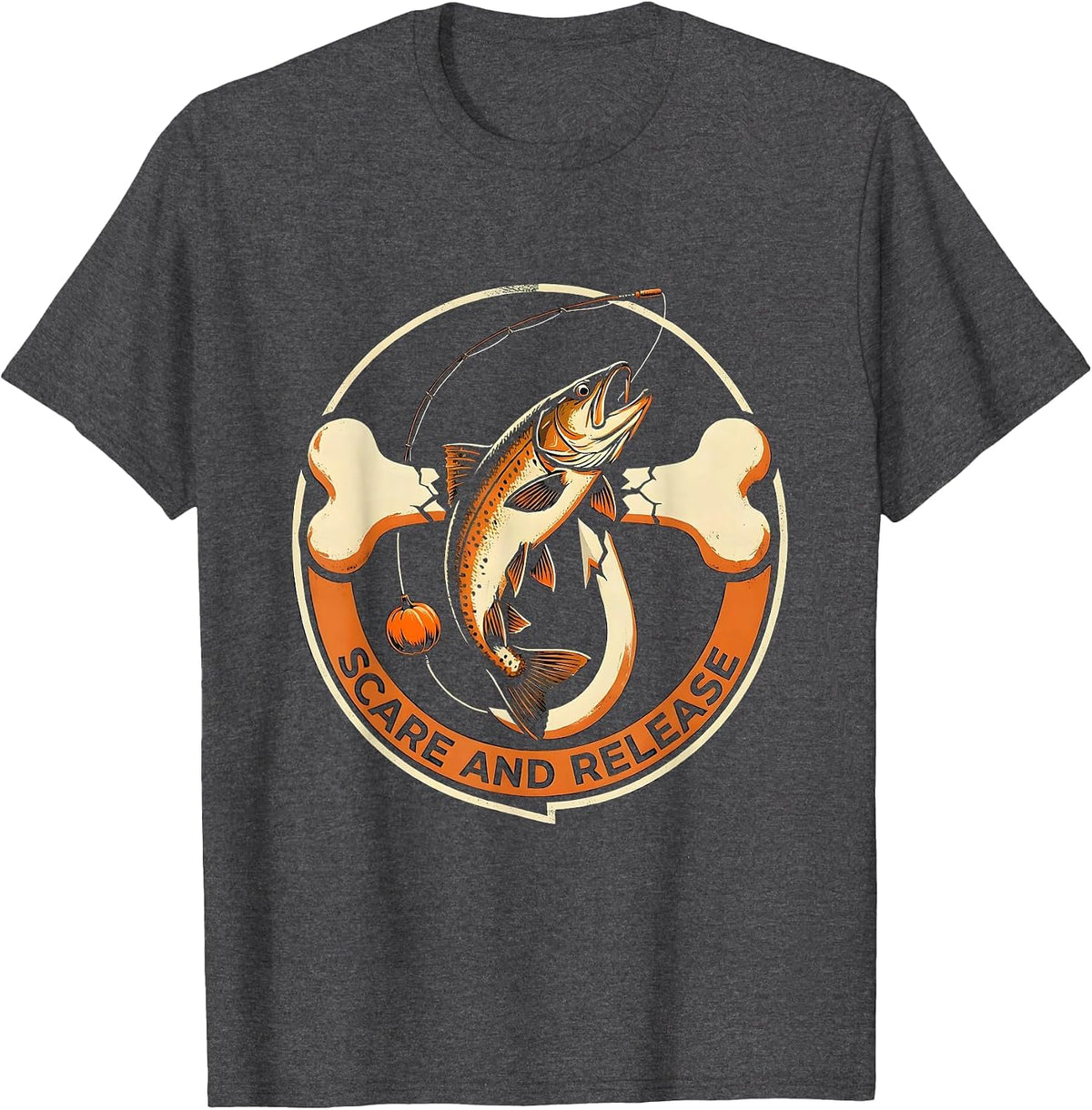 Scare and Release Funny Halloween Skeleton Fishing Trout T-Shirt - Dark Heather Grey