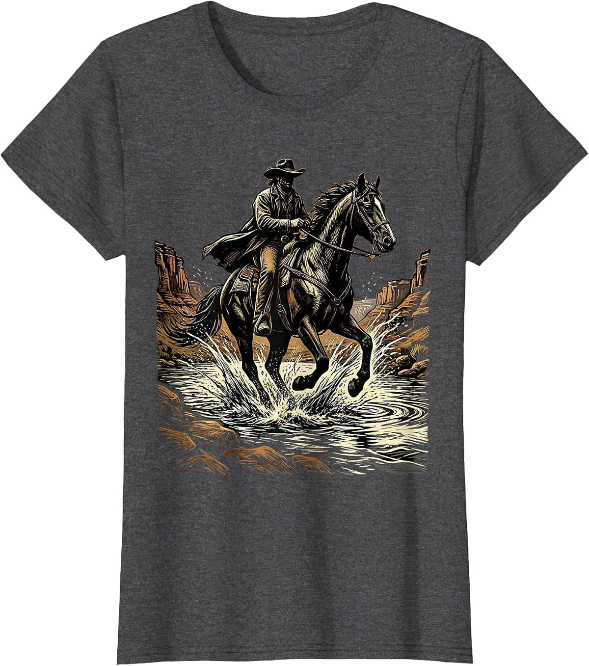 Women's Cowboy on Horseback River Crossing Graphic T-Shirt - Dark Heather Grey
