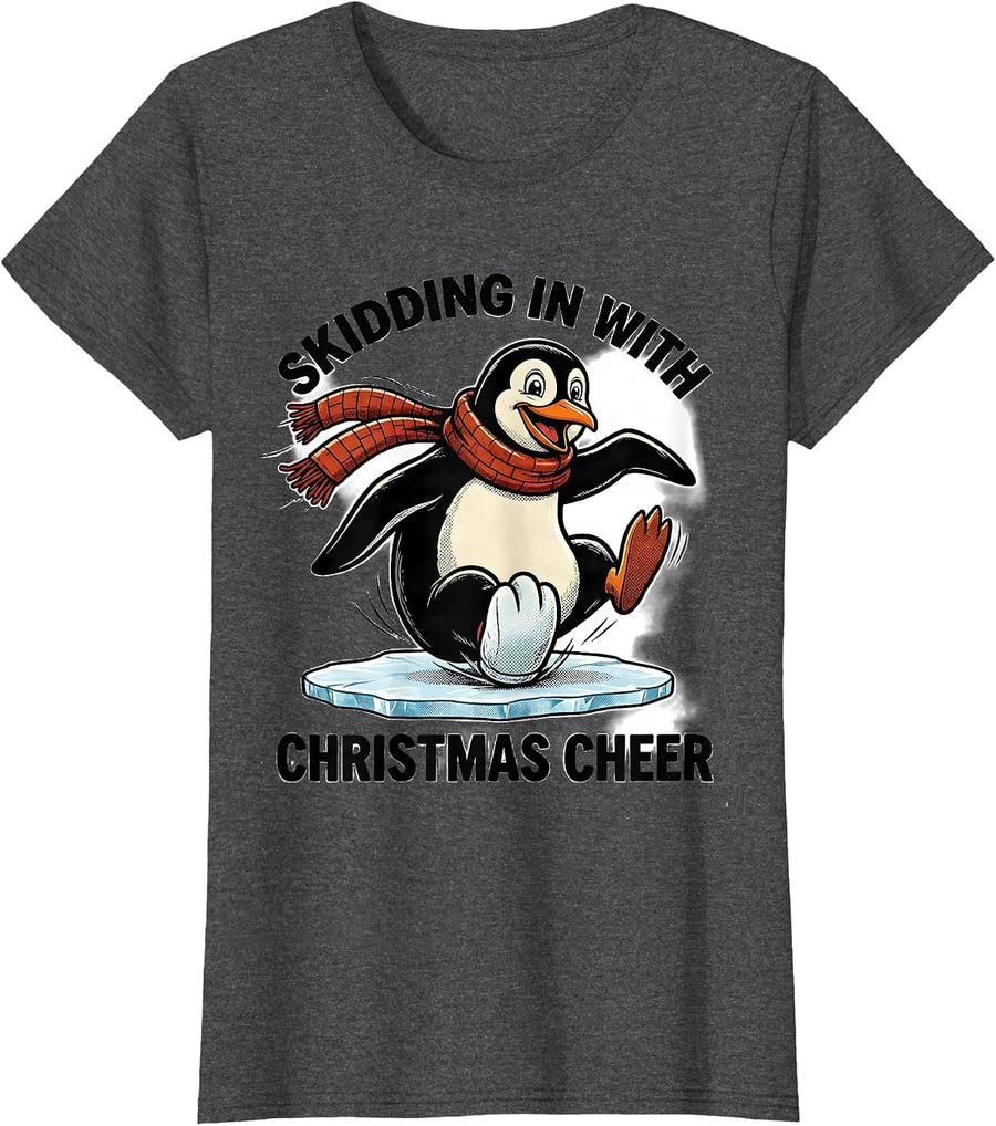 Women's Skidding In With Christmas Cheer Retro Cartoon Penguin Lover T-Shirt - Dark Heather Grey