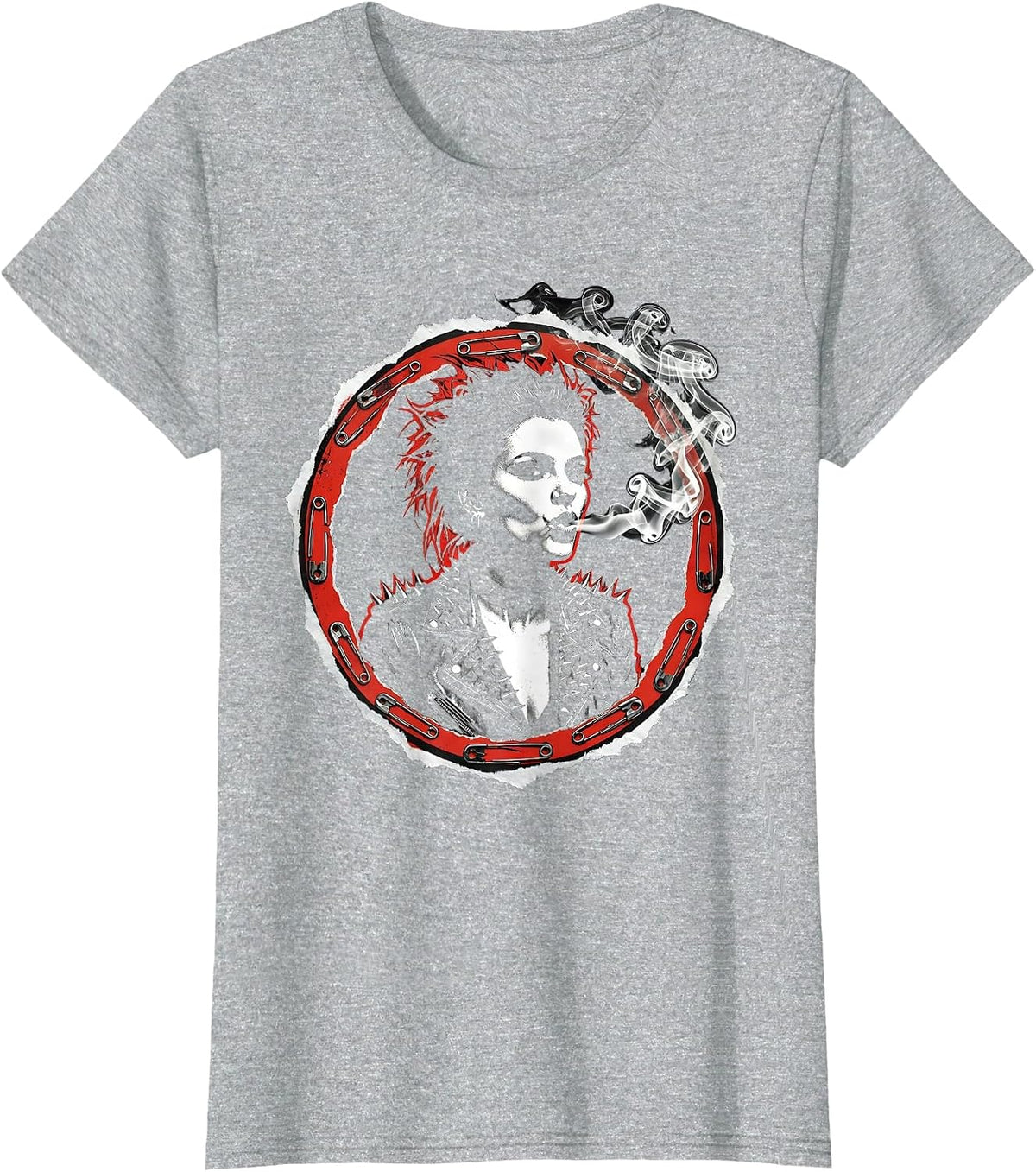 Women's Grunge Woman Blowing Smoke Ring Leather Jacket T-Shirt - Heather Grey