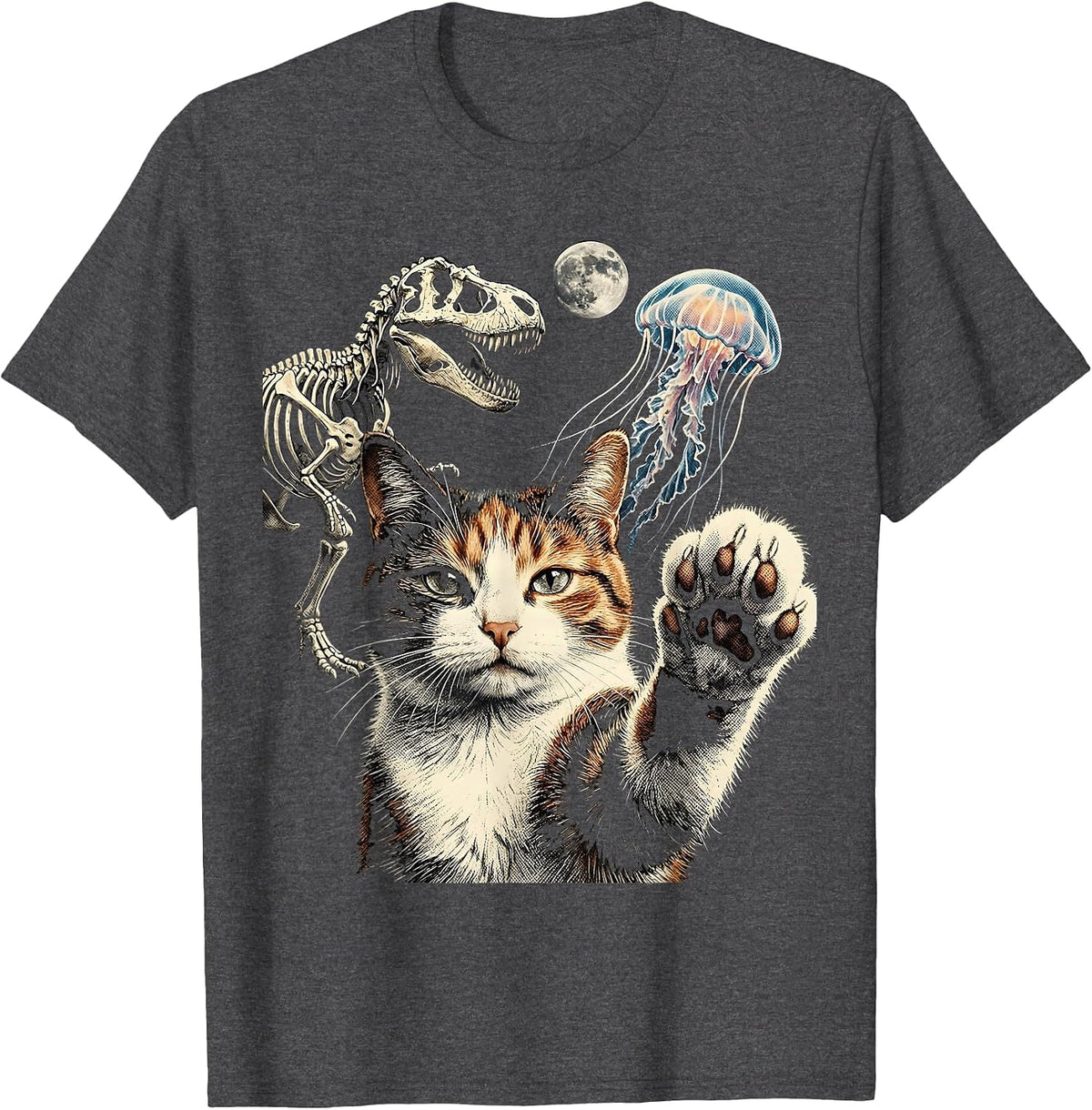 Cat Selfie T-Rex Skeleton Jellyfish Cryptid Funny Cat Lover T-Shirt - Dark Heather Grey