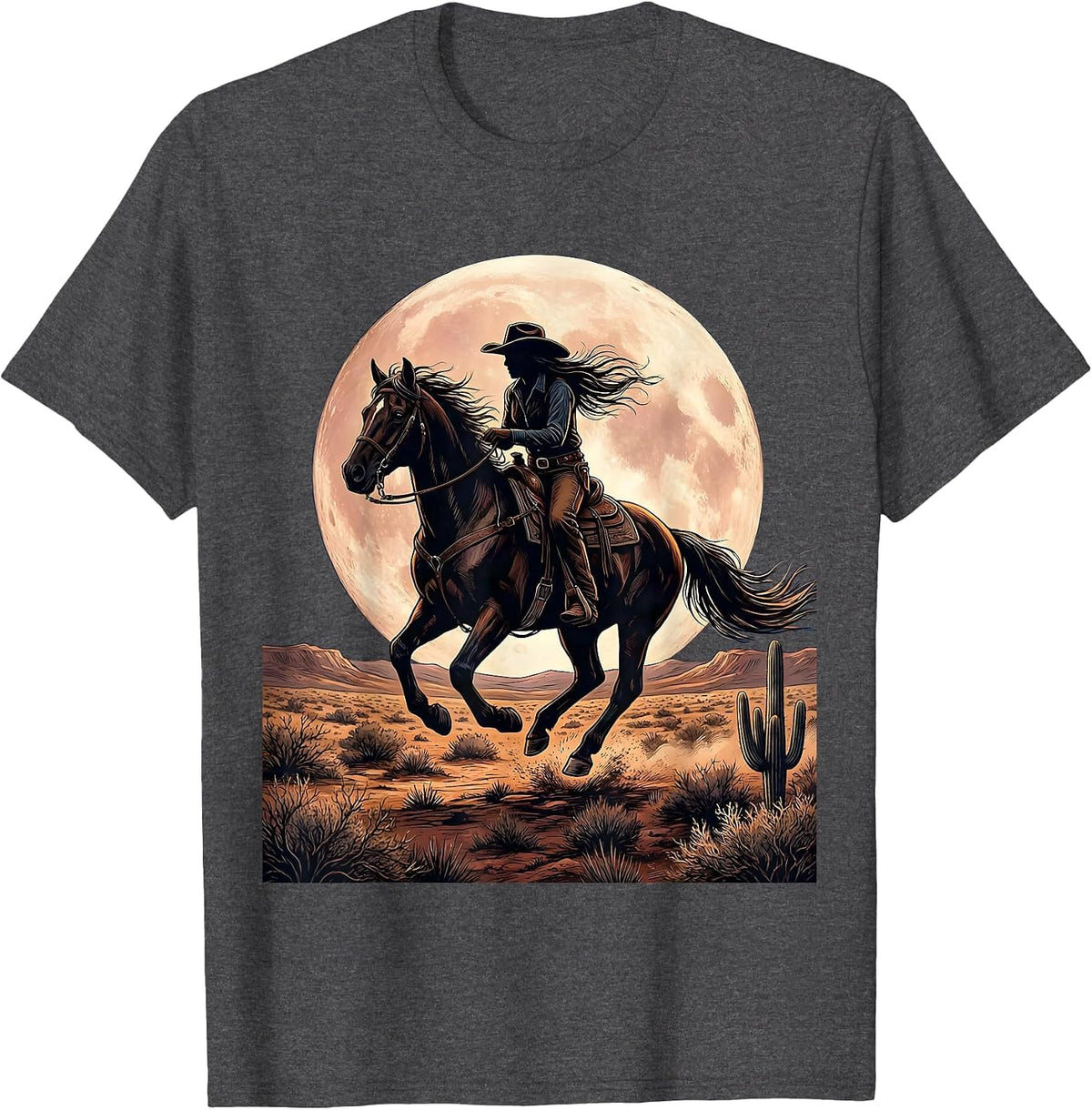 Men's Cowgirl On Horseback Under Full Moon Graphic T-Shirt - Dark Heather Grey