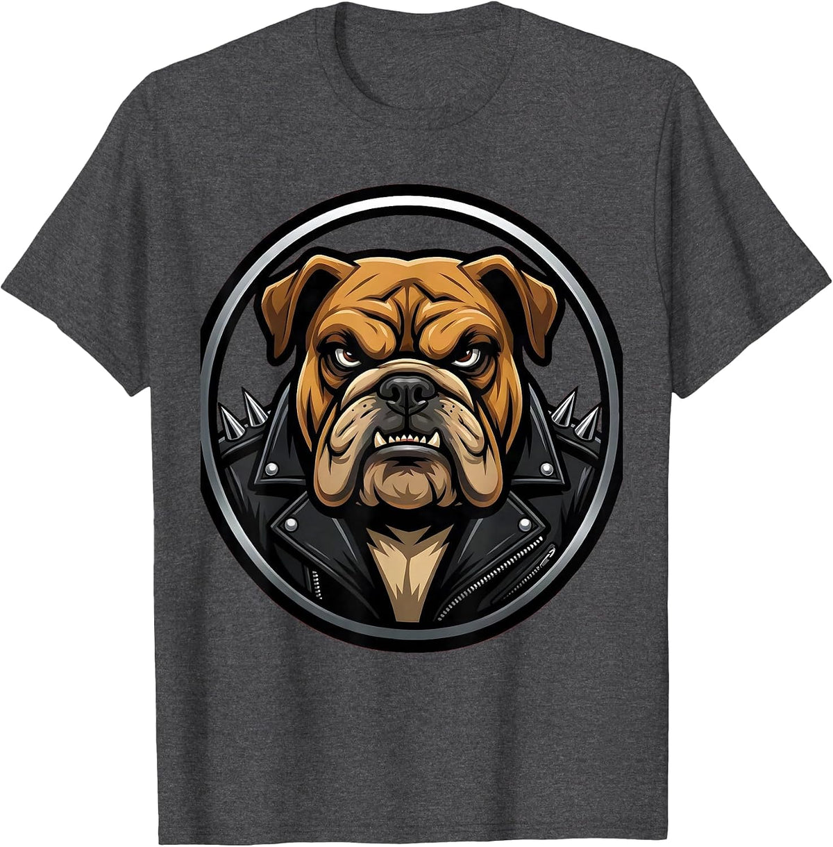 Bulldog Biker Spiked Leather Jacket Graphic T-Shirt - Dark Heather Grey