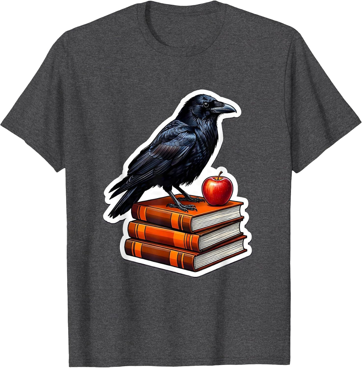 Halloween Crow on Textbooks Teacher Design T-Shirt - Dark Heather Grey