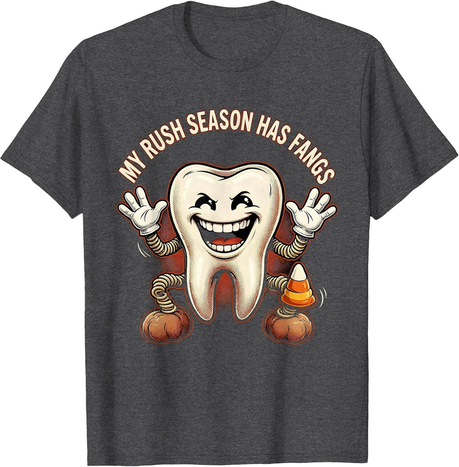 Men's My Rush Season Has Fangs Retro Cartoon Dental Hygienist T-Shirt - Dark Heather Grey