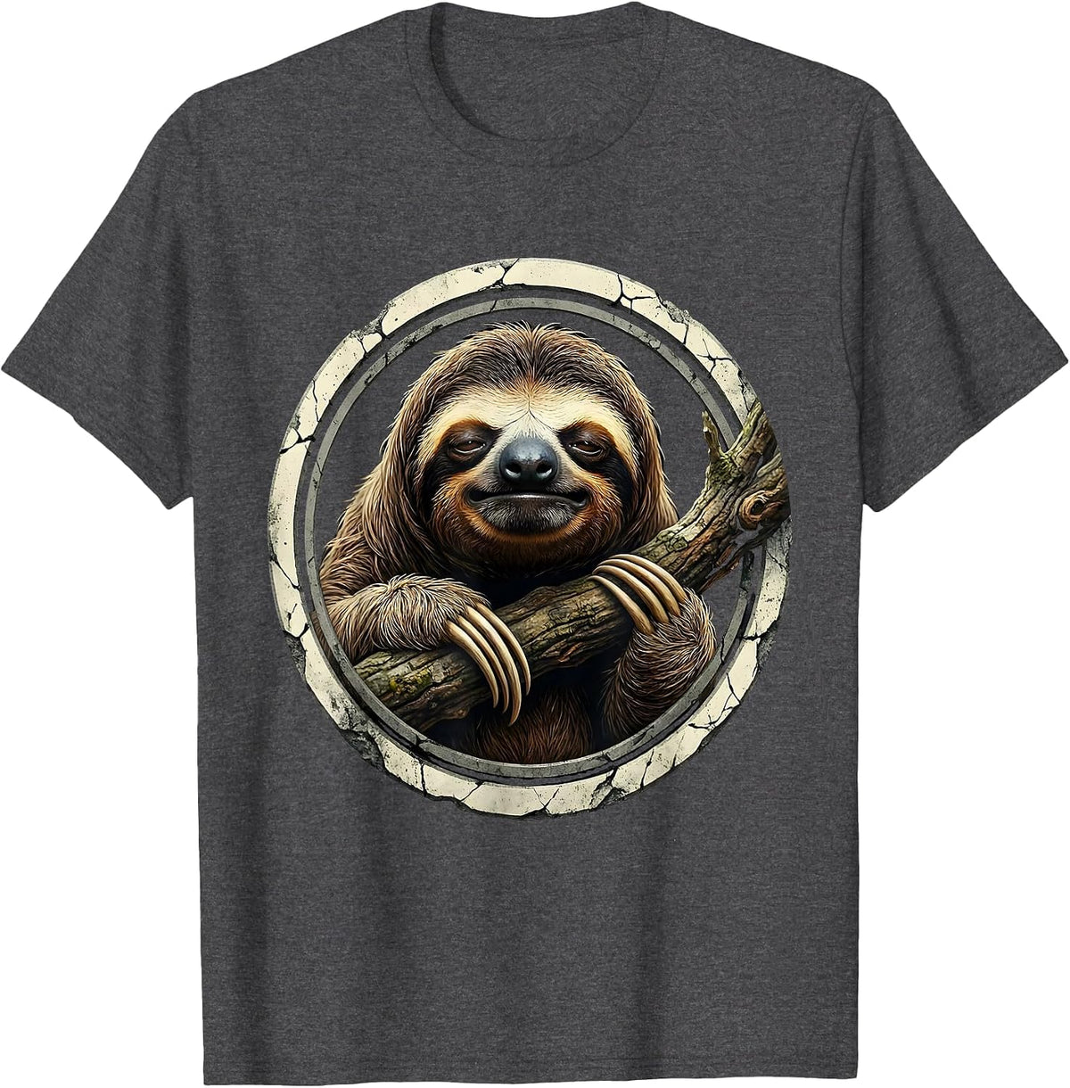 Tired Sloth Hanging From Branch Illustration T-Shirt - Dark Heather Grey