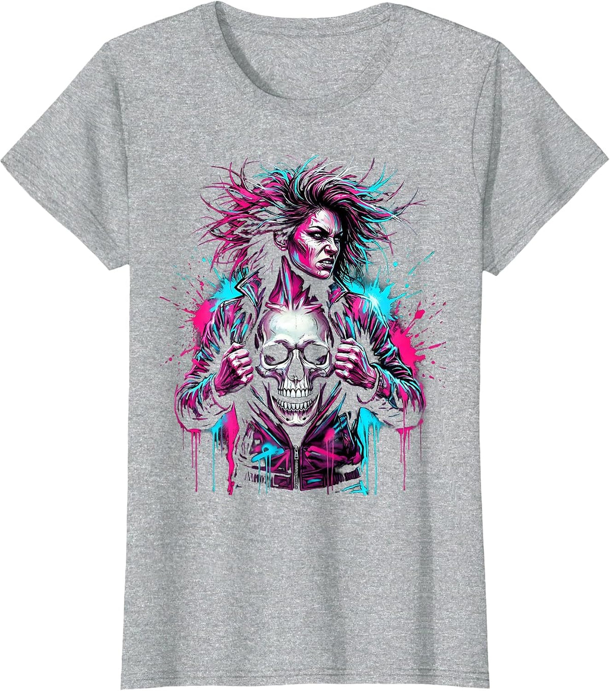 Women's Fierce Skull Reveal Rock Graphic Tee T-Shirt - Heather Grey