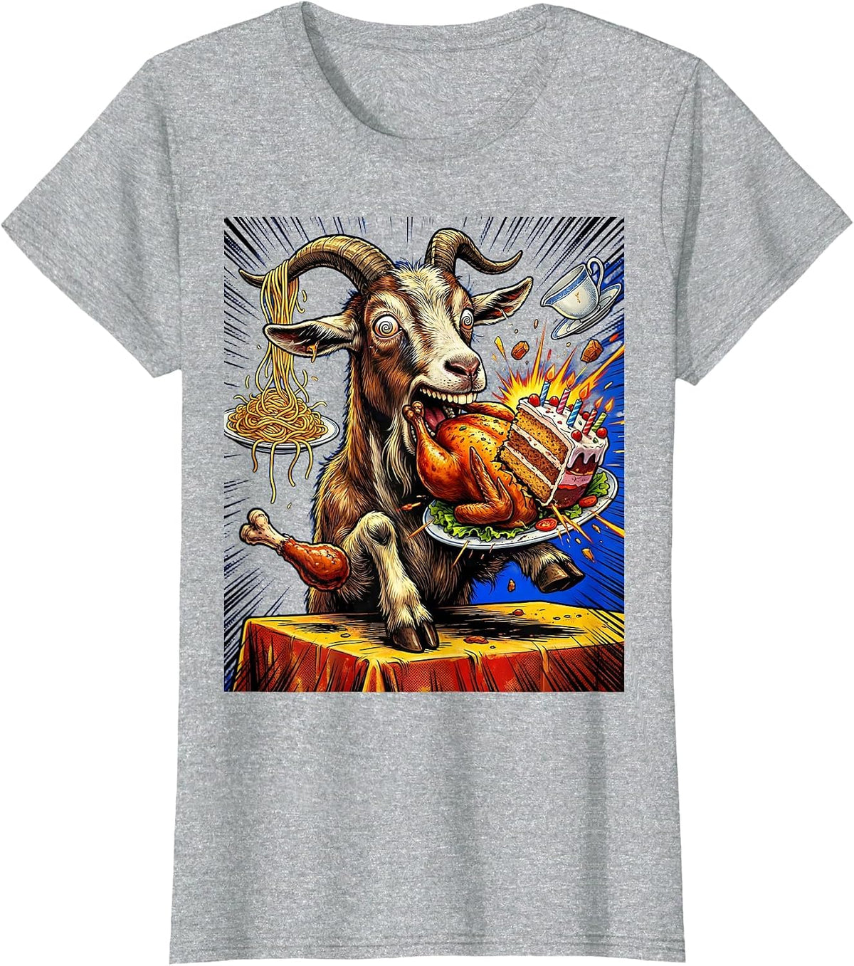 Funny Goat Eating Everything Off Dinner Table T-Shirt - Heather Grey