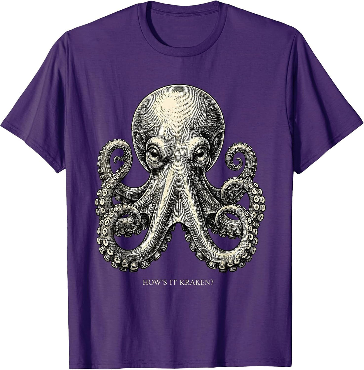 How's It Kraken? Playful Octopus Lover Crosshatch Etching T-Shirt - Purple