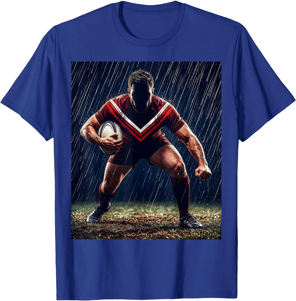Rugby Flanker Charging Through Rain Illustration T-Shirt - Royal Blue