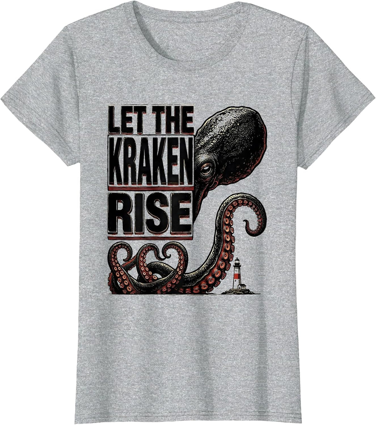 Let The Kraken Rise Wood Type Letterpress Octopus Lover T-Shirt - Heather Grey