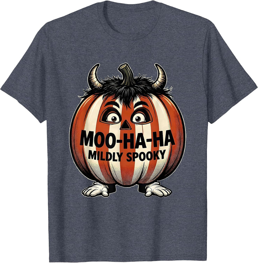 Moo-Ha-Ha, Mildly Spooky Retro Cartoon Highland Cow T-Shirt - Heather Blue