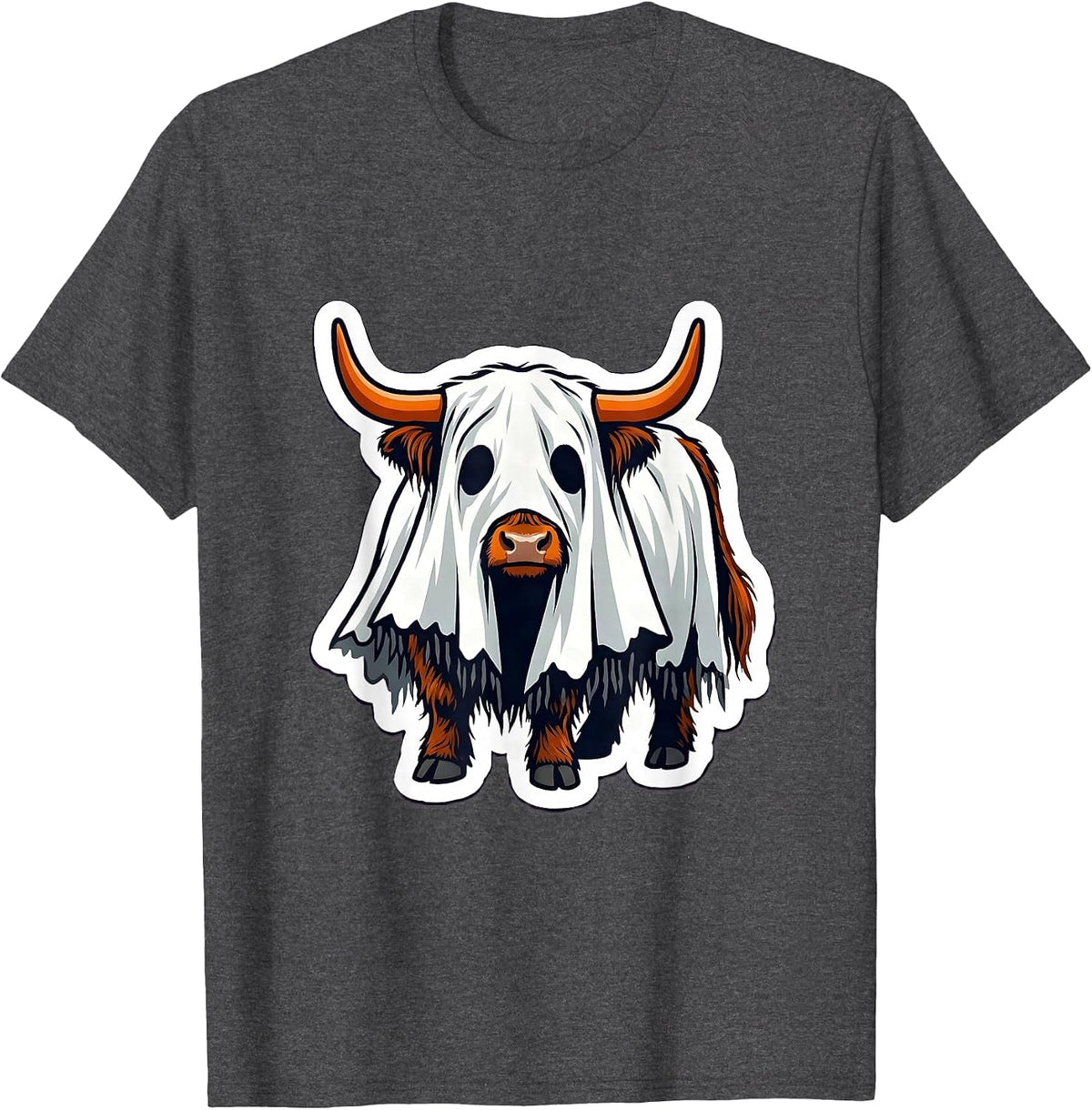 Men's Leaning Ghost Sheet Highland Cow Halloween Spooky Season T-Shirt - Dark Heather Grey