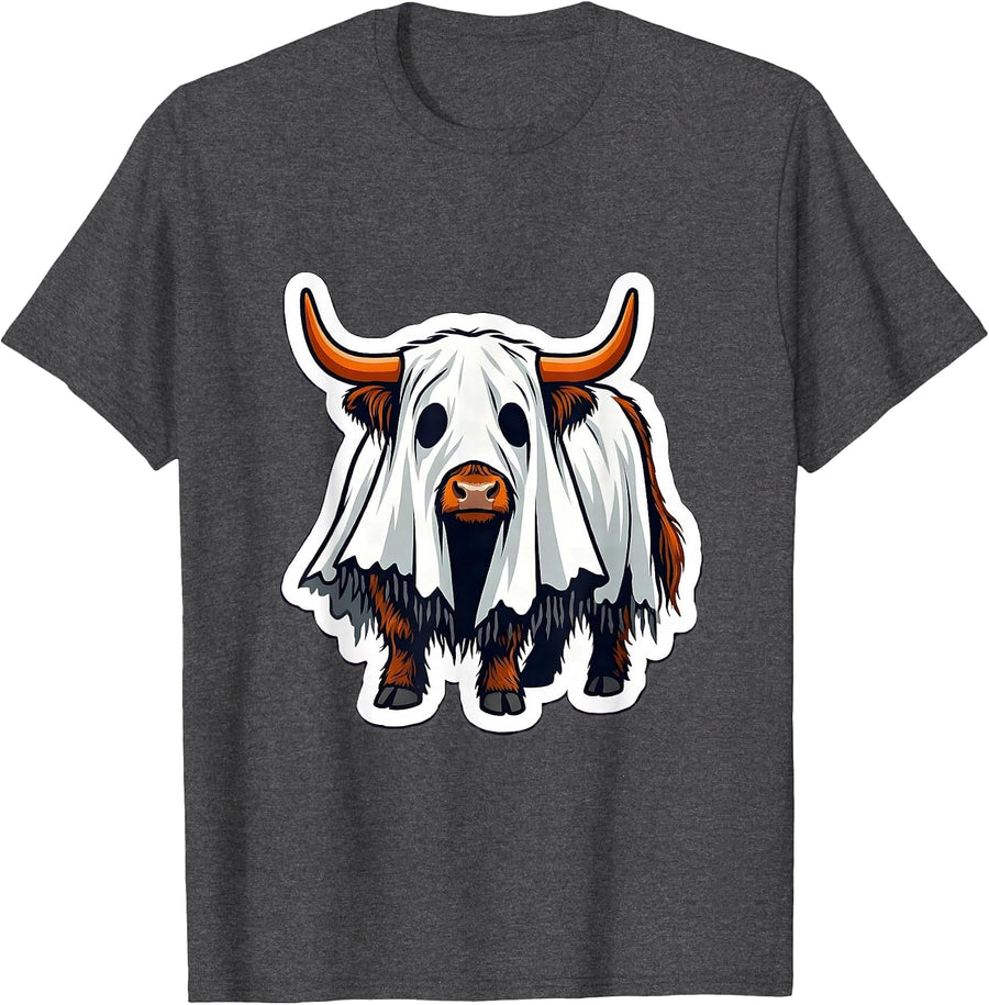Men's Leaning Ghost Sheet Highland Cow Halloween Spooky Season T-Shirt - Dark Heather Grey