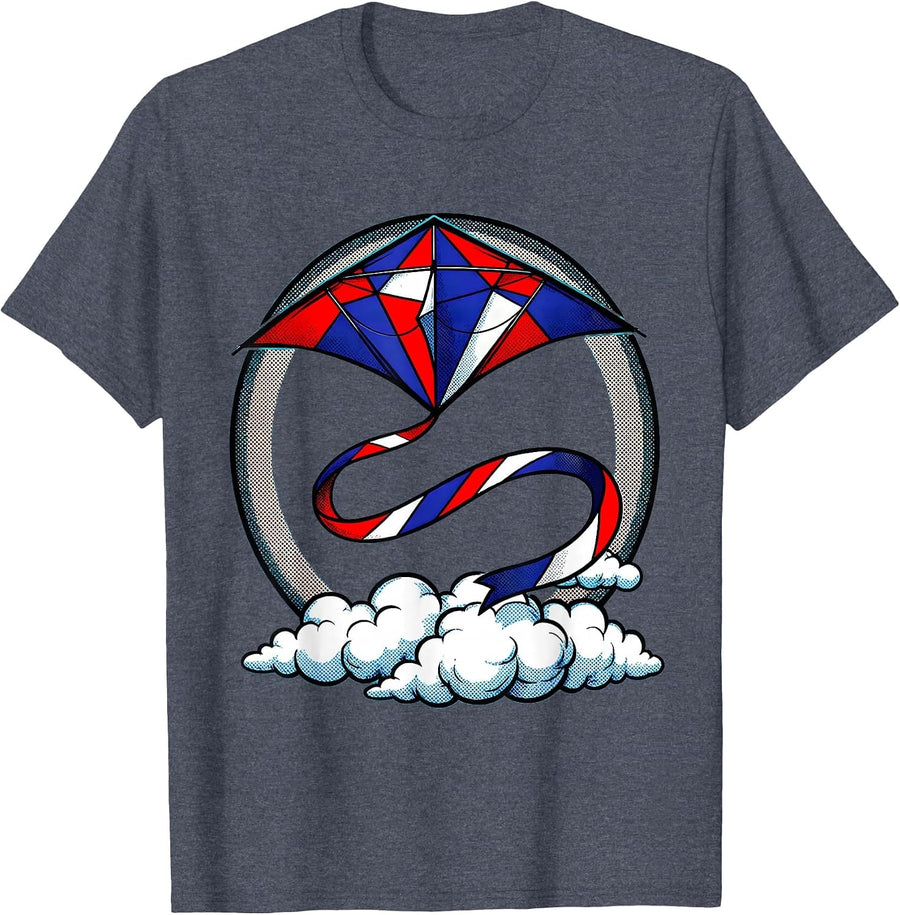 Red White and Blue Kite Soaring Above the Clouds T-Shirt - Heather Blue