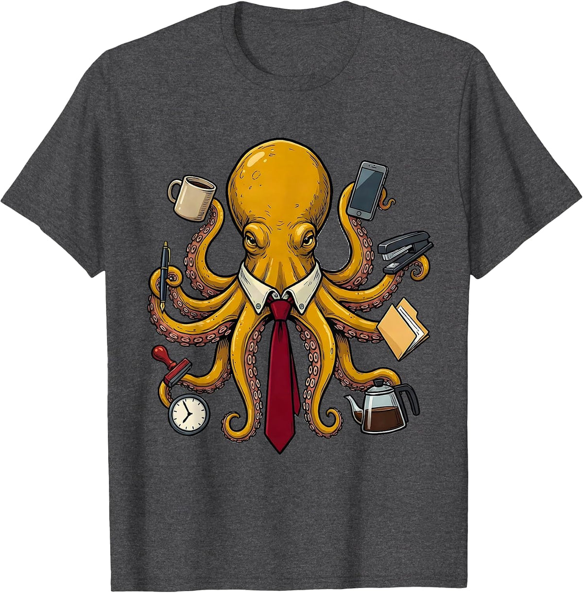 Men's Office Octopus Domed Mantle Marker Outline Vintage T-Shirt - Dark Heather Grey