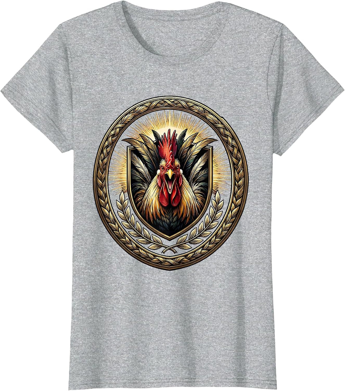Rooster Crowing at Dawn Sunrise Illustration T-Shirt - Heather Grey