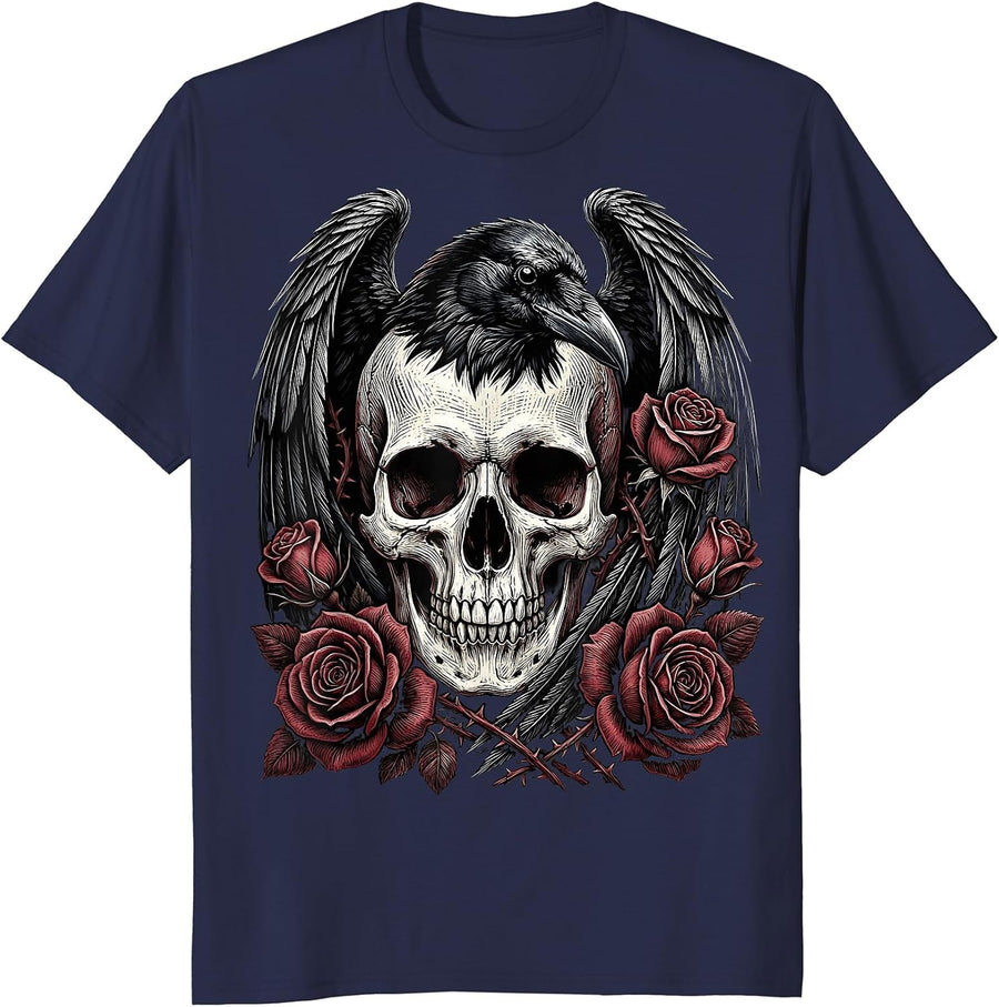 Raven Skull With Feathers and Roses Gothic Art T-Shirt - Navy Blue