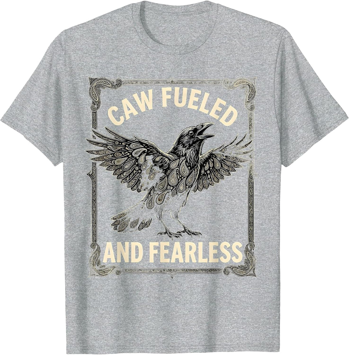 Men's Caw Fueled and Fearless Bold Crow Design T-Shirt - Heather Grey