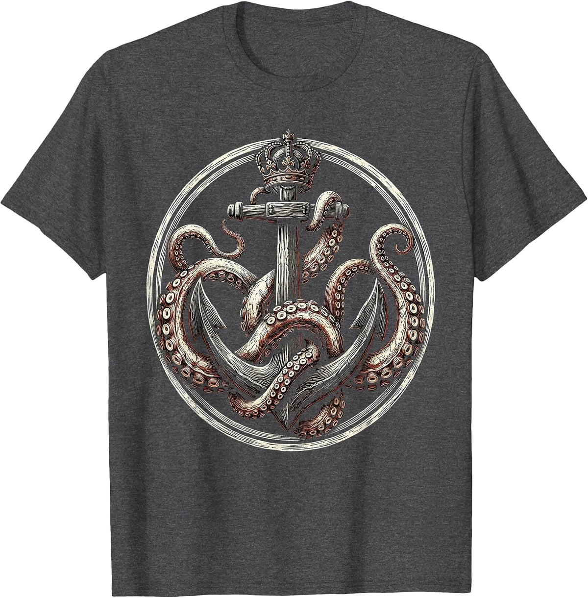 Octopus Tentacles Wrapped Around Ship Anchor T-Shirt - Dark Heather Grey